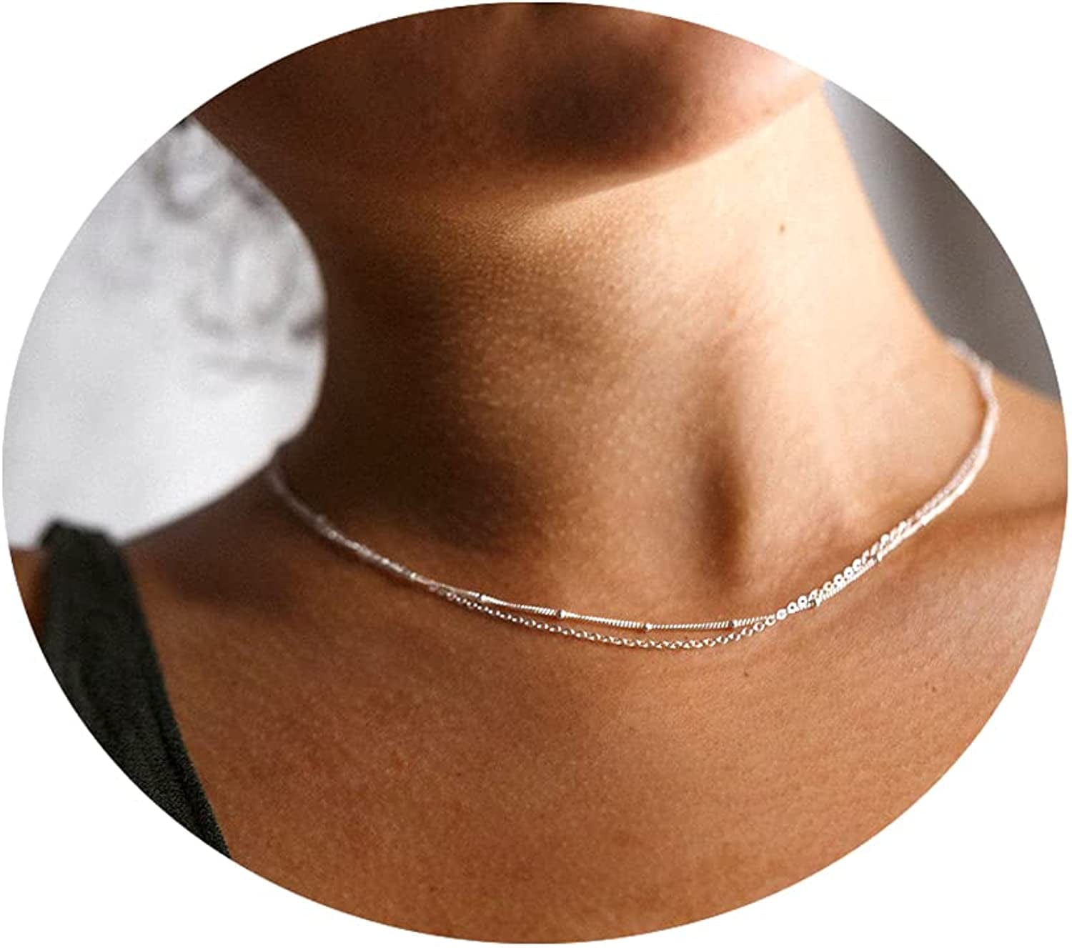 Gold Dainty Choker Necklace for Women, 14K Gold/Silver Plated Layered Satellite Bead Choker Thin Trendy Layering Discs Paperclip Necklaces Minimalist Simple Toggle Cuban Chain Jewelry Gift Layered Satellite-Silver