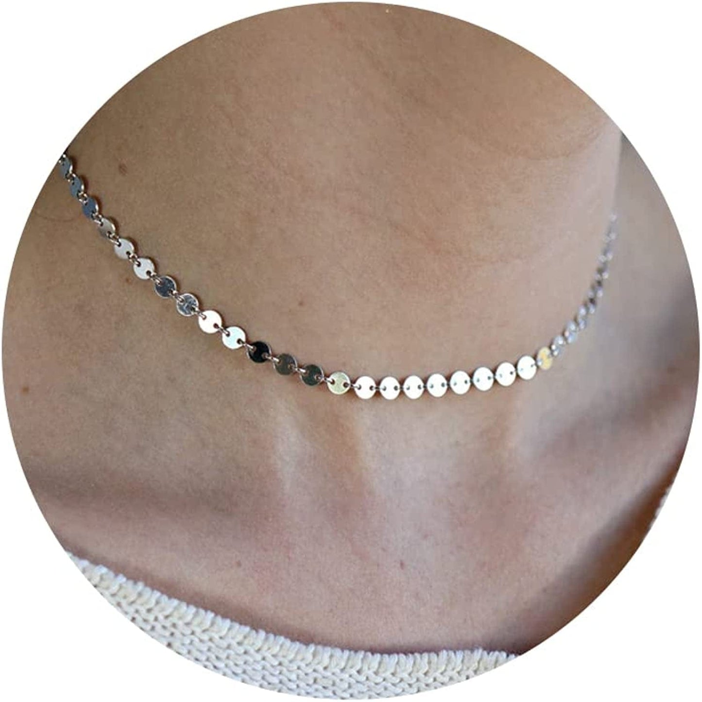 Gold Dainty Choker Necklace for Women, 14K Gold/Silver Plated Layered Satellite Bead Choker Thin Trendy Layering Discs Paperclip Necklaces Minimalist Simple Toggle Cuban Chain Jewelry Gift Disc+Silver