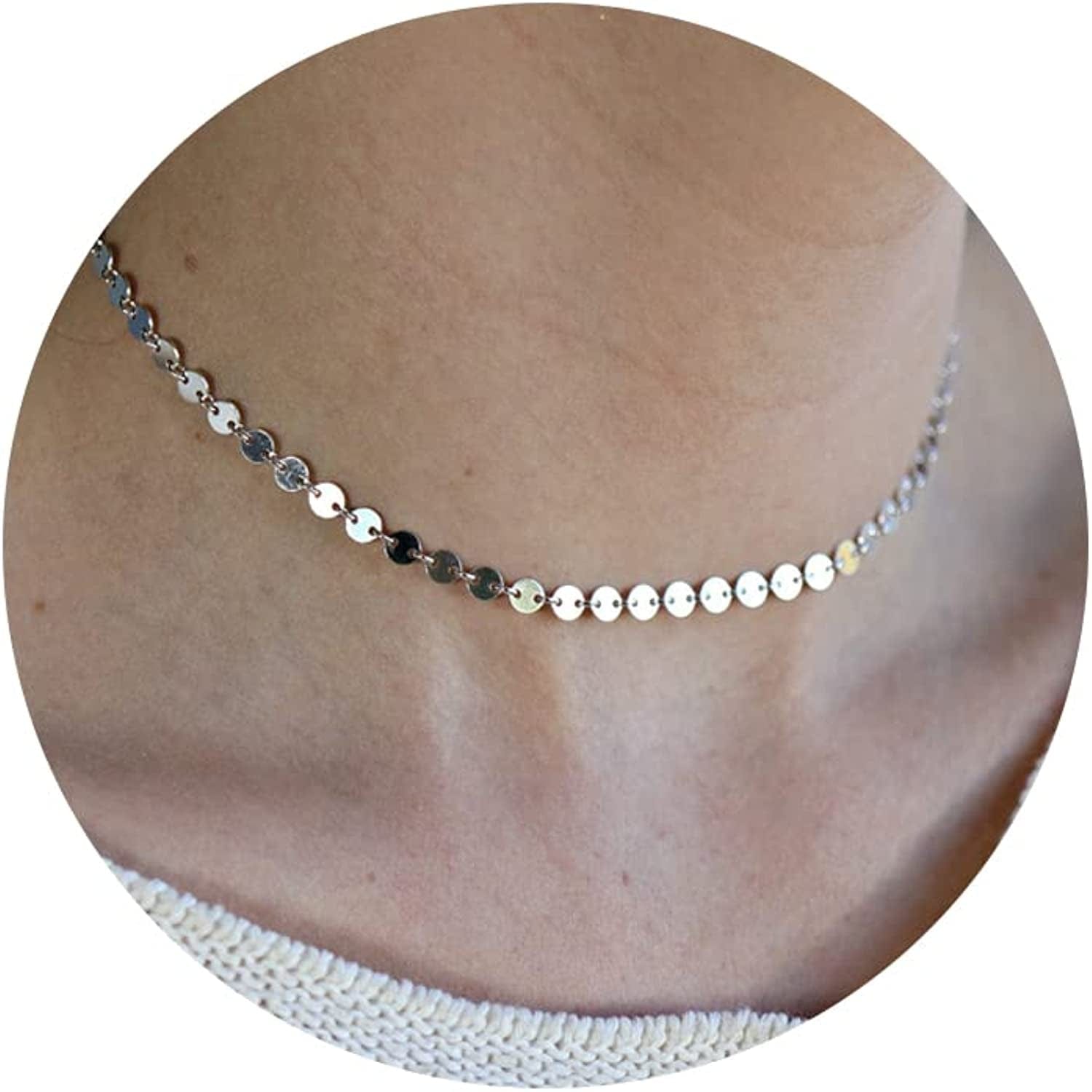 Gold Dainty Choker Necklace for Women, 14K Gold/Silver Plated Layered Satellite Bead Choker Thin Trendy Layering Discs Paperclip Necklaces Minimalist Simple Toggle Cuban Chain Jewelry Gift Disc+Silver