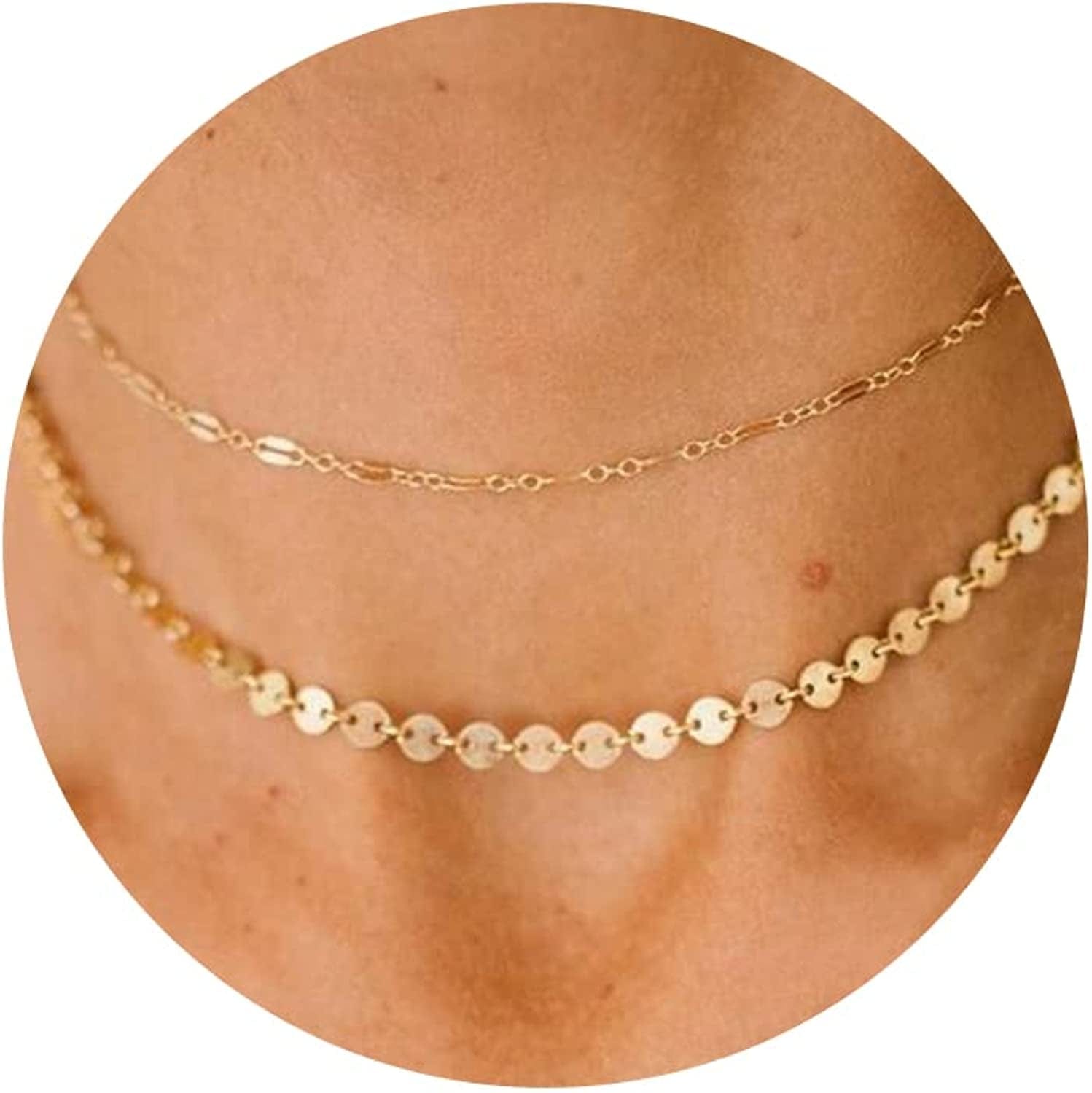 Gold Dainty Choker Necklace for Women, 14K Gold/Silver Plated Layered Satellite Bead Choker Thin Trendy Layering Discs Paperclip Necklaces Minimalist Simple Toggle Cuban Chain Jewelry Gift lips discs-gold