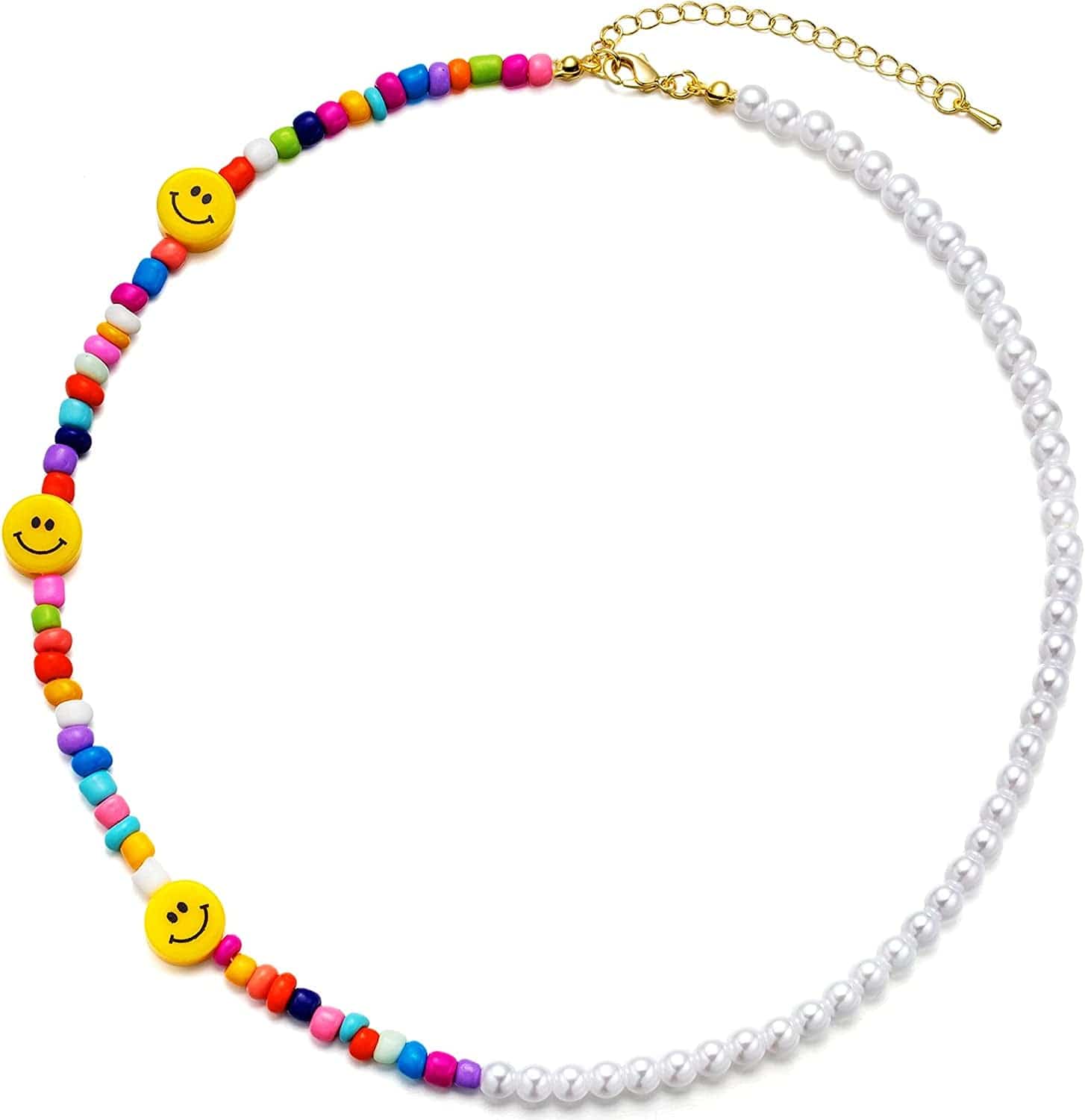 Gold Dainty Choker Necklace for Women, 14K Gold/Silver Plated Layered Satellite Bead Choker Thin Trendy Layering Discs Paperclip Necklaces Minimalist Simple Toggle Cuban Chain Jewelry Gift Pearl+Smile Face+Rainbow Beaded