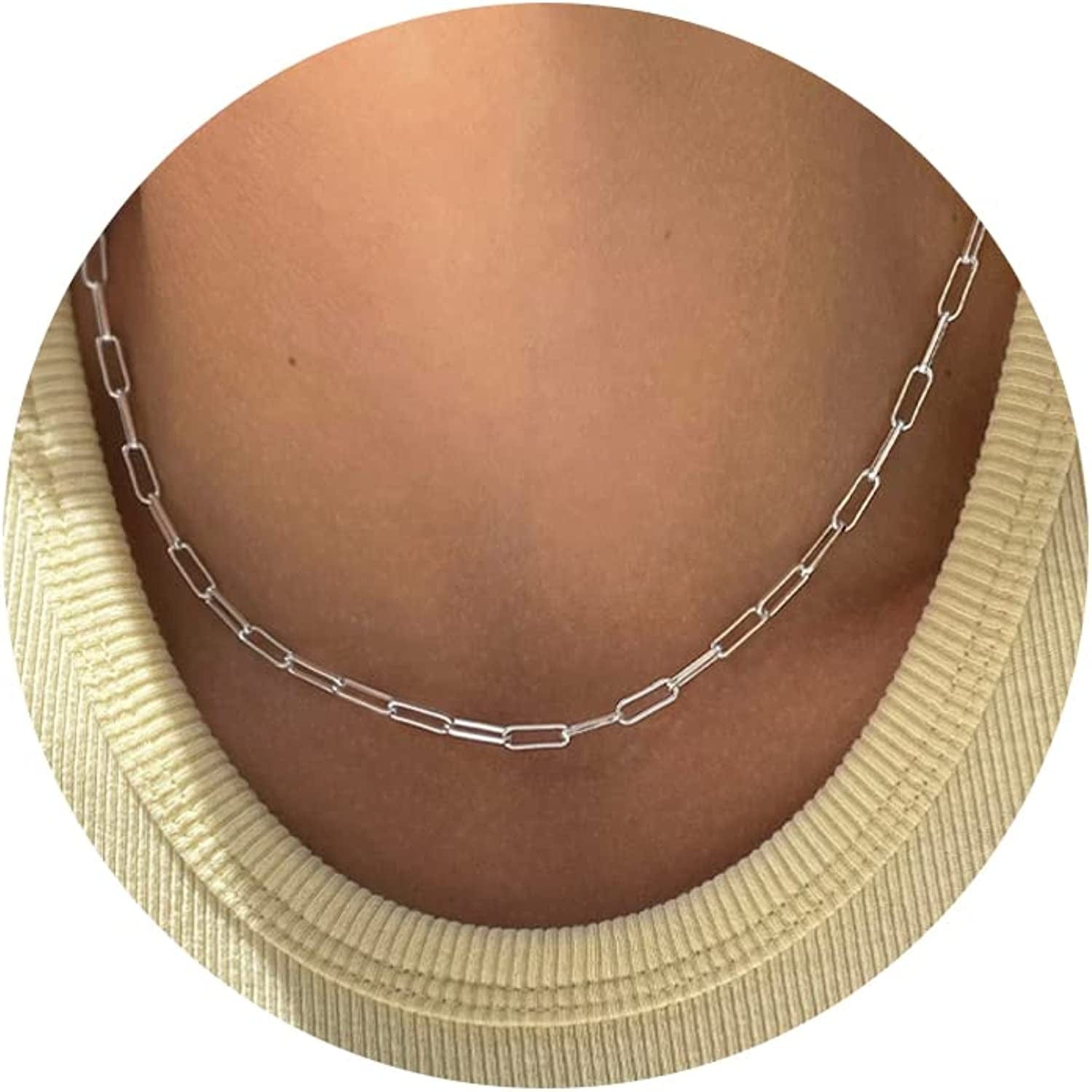 Gold Dainty Choker Necklace for Women, 14K Gold/Silver Plated Layered Satellite Bead Choker Thin Trendy Layering Discs Paperclip Necklaces Minimalist Simple Toggle Cuban Chain Jewelry Gift rectangle chain-Silver