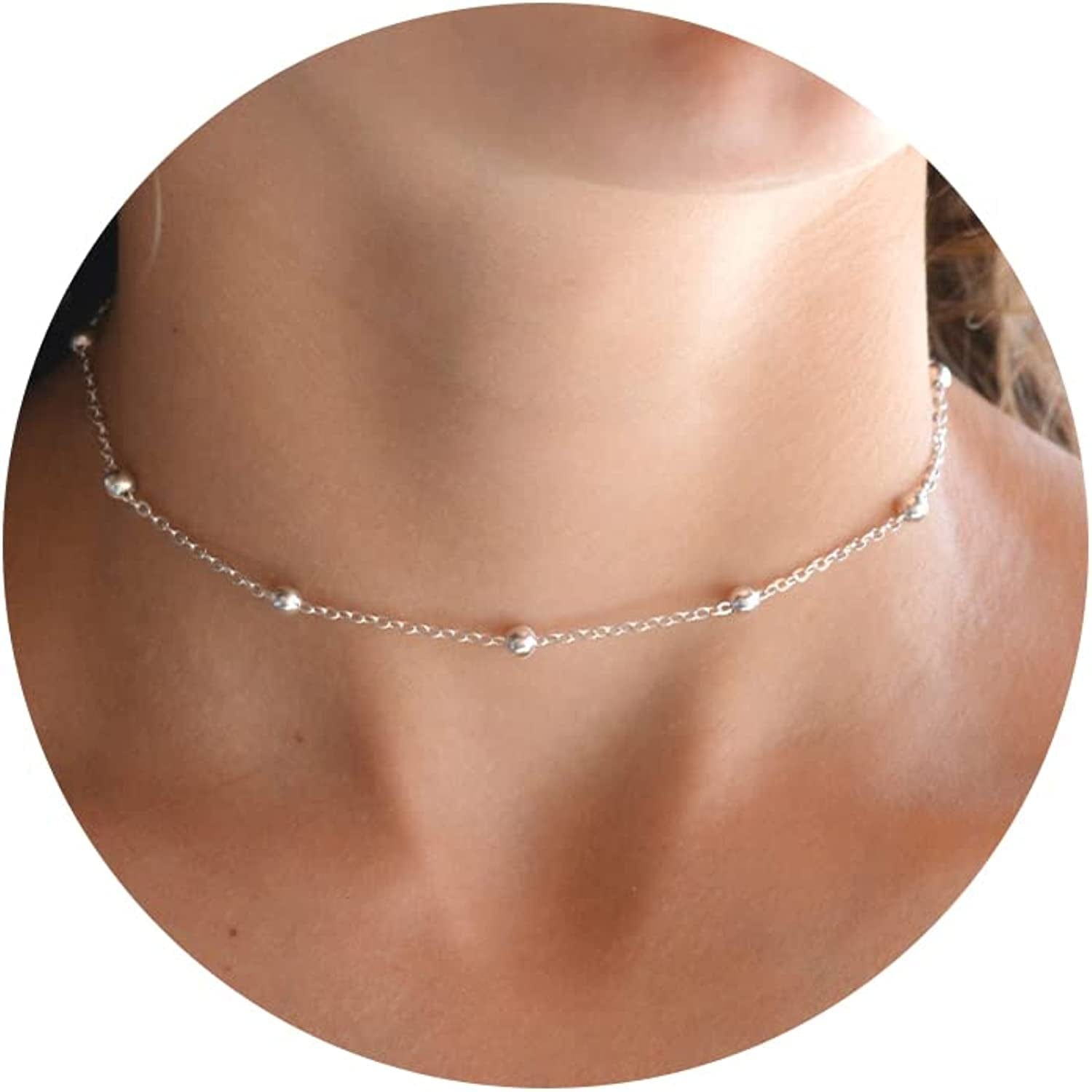 Gold Dainty Choker Necklace for Women, 14K Gold/Silver Plated Layered Satellite Bead Choker Thin Trendy Layering Discs Paperclip Necklaces Minimalist Simple Toggle Cuban Chain Jewelry Gift Beaded-Silver