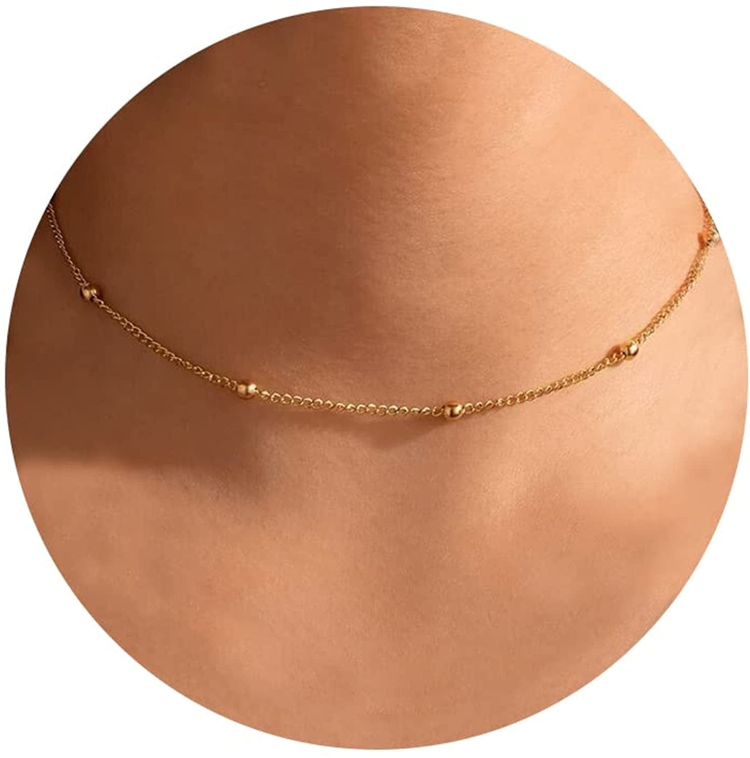 Gold Dainty Choker Necklace for Women, 14K Gold/Silver Plated Layered Satellite Bead Choker Thin Trendy Layering Discs Paperclip Necklaces Minimalist Simple Toggle Cuban Chain Jewelry Gift Beaded+Gold