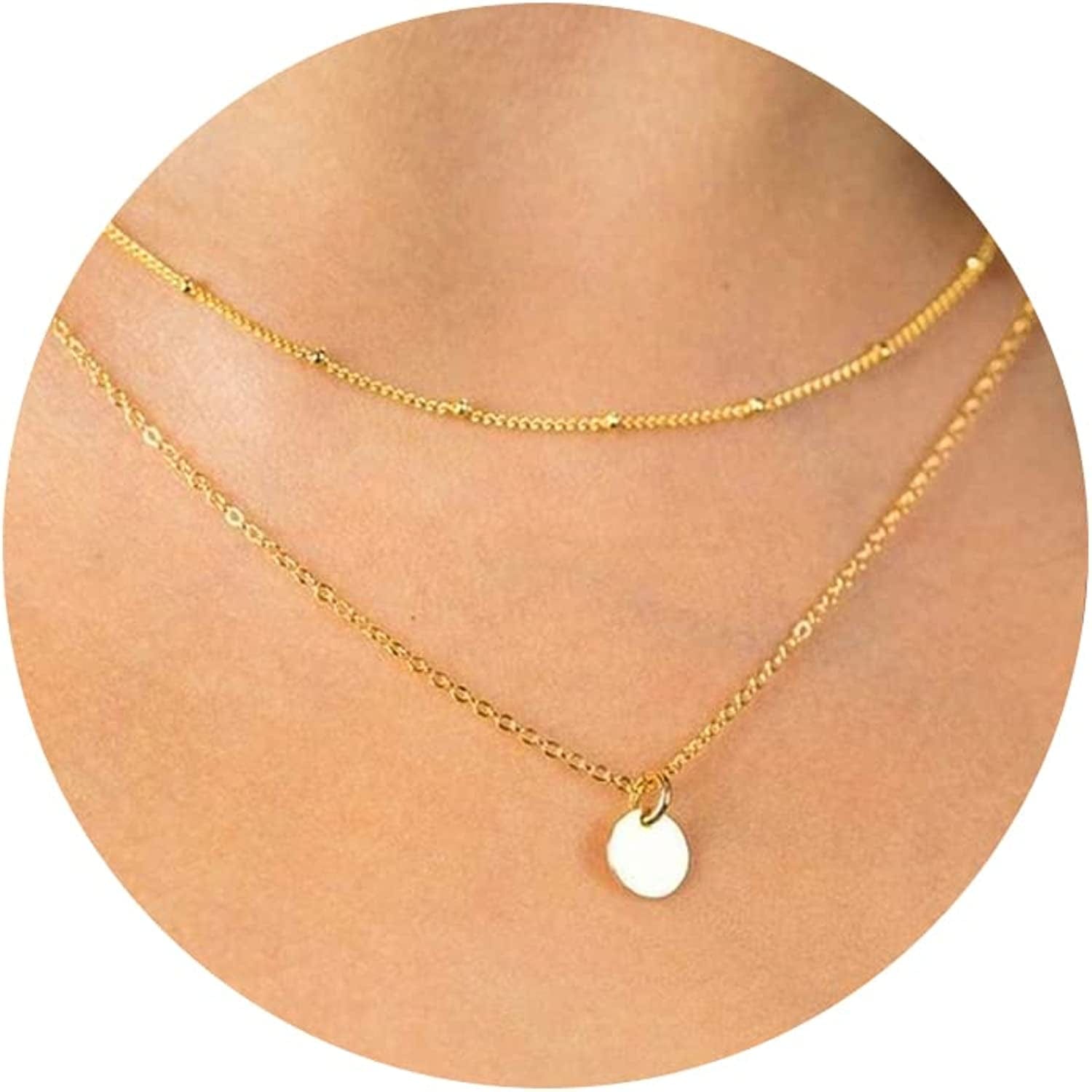 Gold Dainty Choker Necklace for Women, 14K Gold/Silver Plated Layered Satellite Bead Choker Thin Trendy Layering Discs Paperclip Necklaces Minimalist Simple Toggle Cuban Chain Jewelry Gift Layered Satellite Coin-Gold