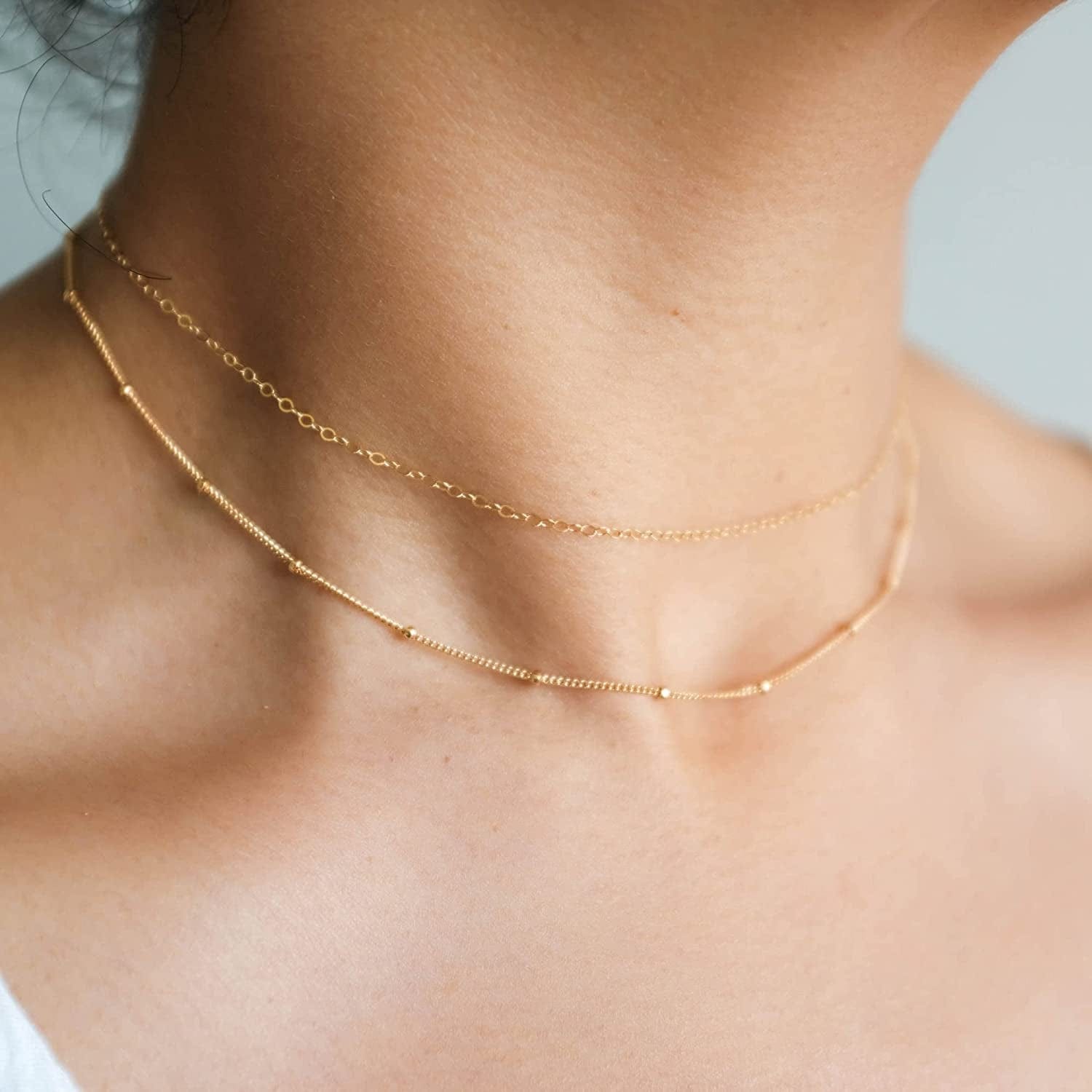 Gold Dainty Choker Necklace for Women, 14K Gold/Silver Plated Layered Satellite Bead Choker Thin Trendy Layering Discs Paperclip Necklaces Minimalist Simple Toggle Cuban Chain Jewelry Gift