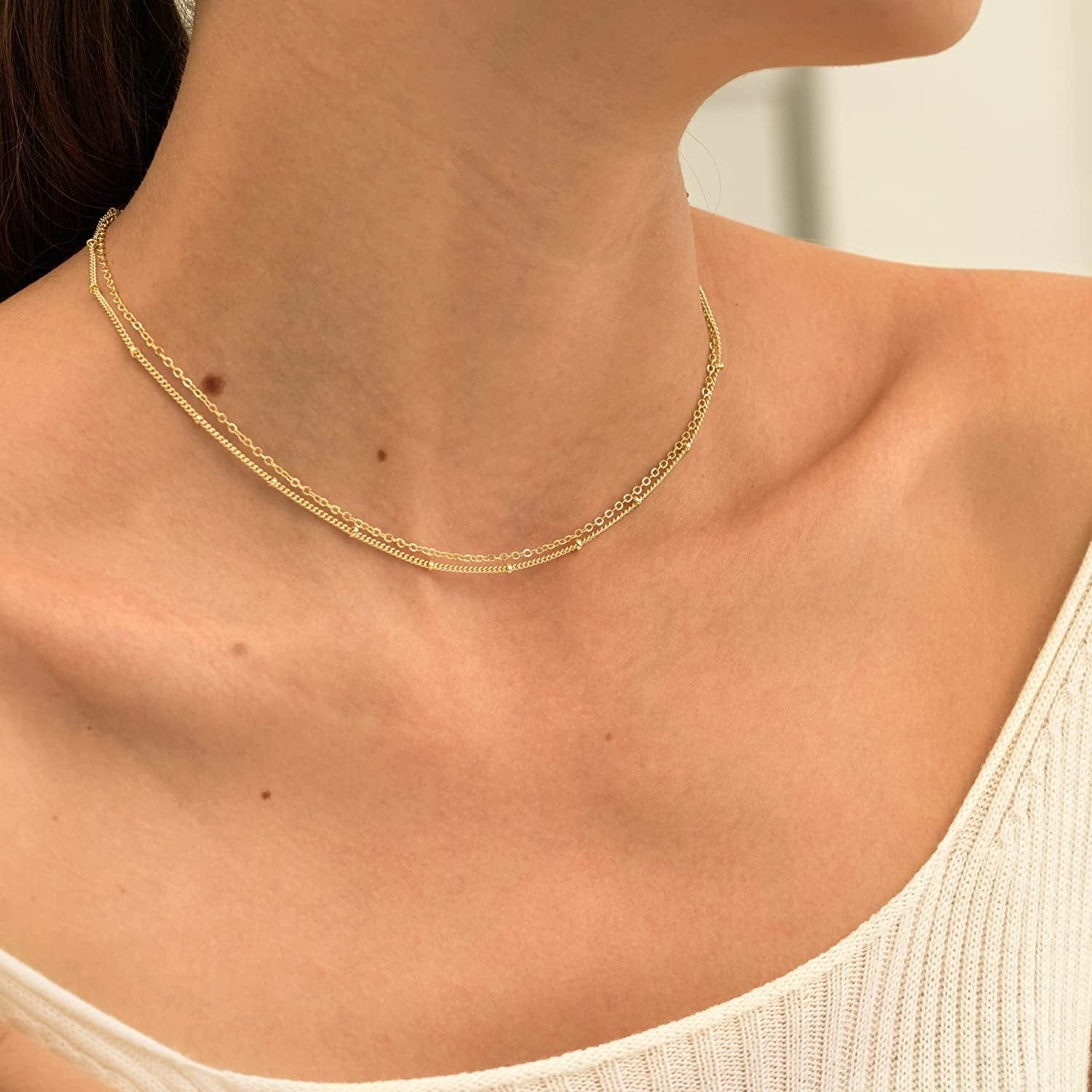 Gold Dainty Choker Necklace for Women, 14K Gold/Silver Plated Layered Satellite Bead Choker Thin Trendy Layering Discs Paperclip Necklaces Minimalist Simple Toggle Cuban Chain Jewelry Gift