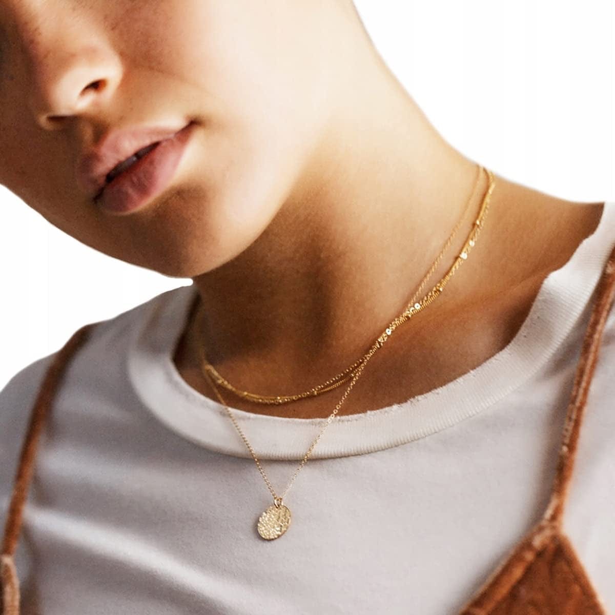 Gold Dainty Choker Necklace for Women, 14K Gold/Silver Plated Layered Satellite Bead Choker Thin Trendy Layering Discs Paperclip Necklaces Minimalist Simple Toggle Cuban Chain Jewelry Gift