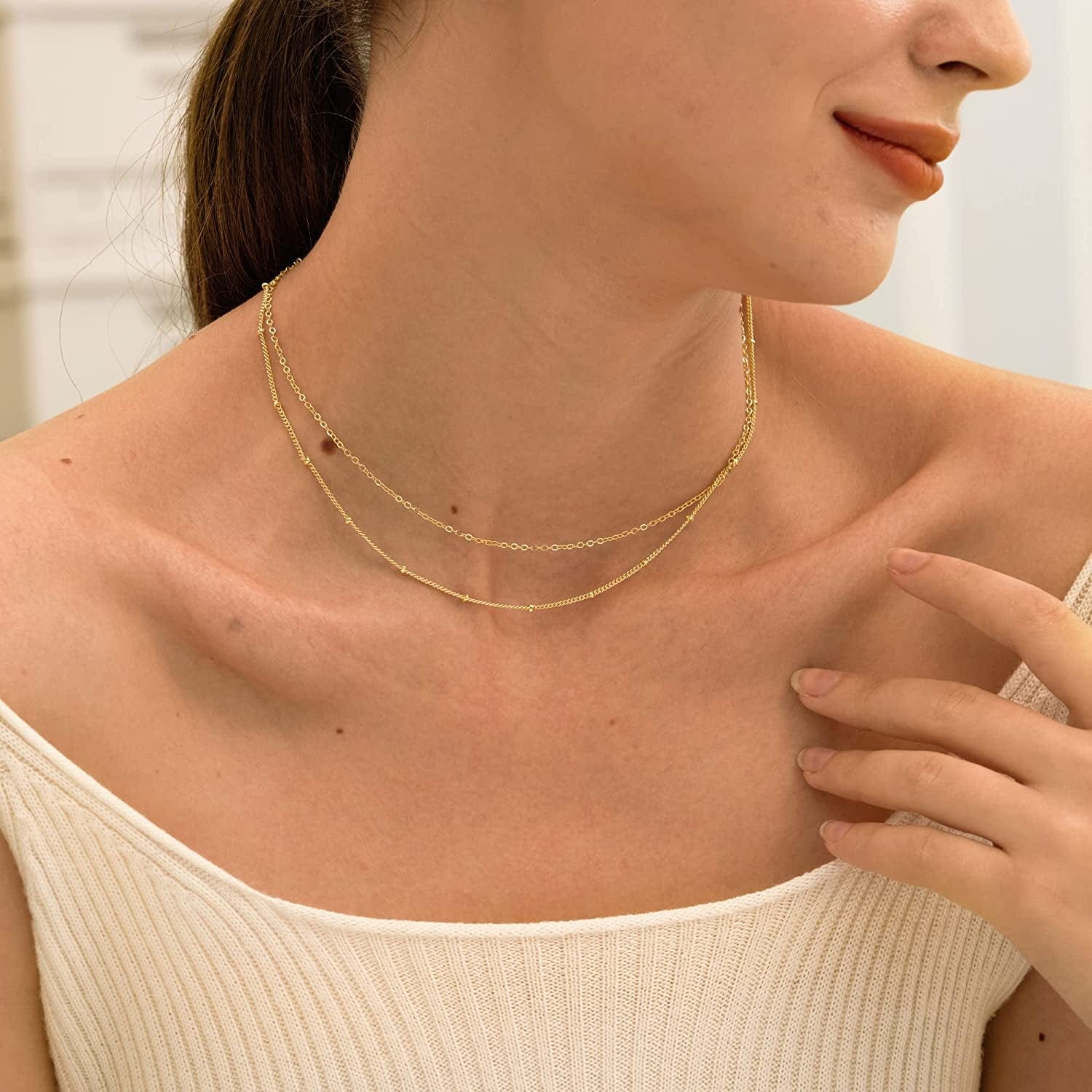 Gold Dainty Choker Necklace for Women, 14K Gold/Silver Plated Layered Satellite Bead Choker Thin Trendy Layering Discs Paperclip Necklaces Minimalist Simple Toggle Cuban Chain Jewelry Gift