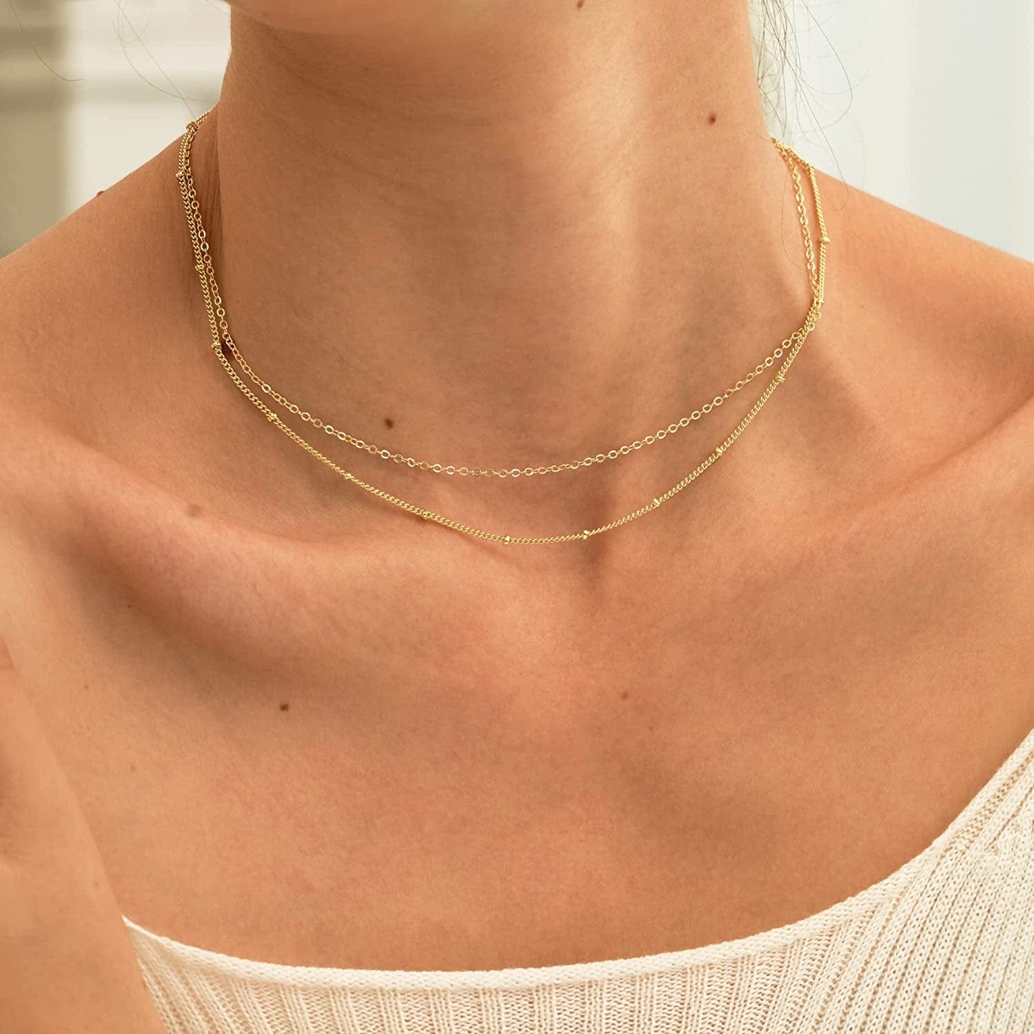 Gold Dainty Choker Necklace for Women, 14K Gold/Silver Plated Layered Satellite Bead Choker Thin Trendy Layering Discs Paperclip Necklaces Minimalist Simple Toggle Cuban Chain Jewelry Gift