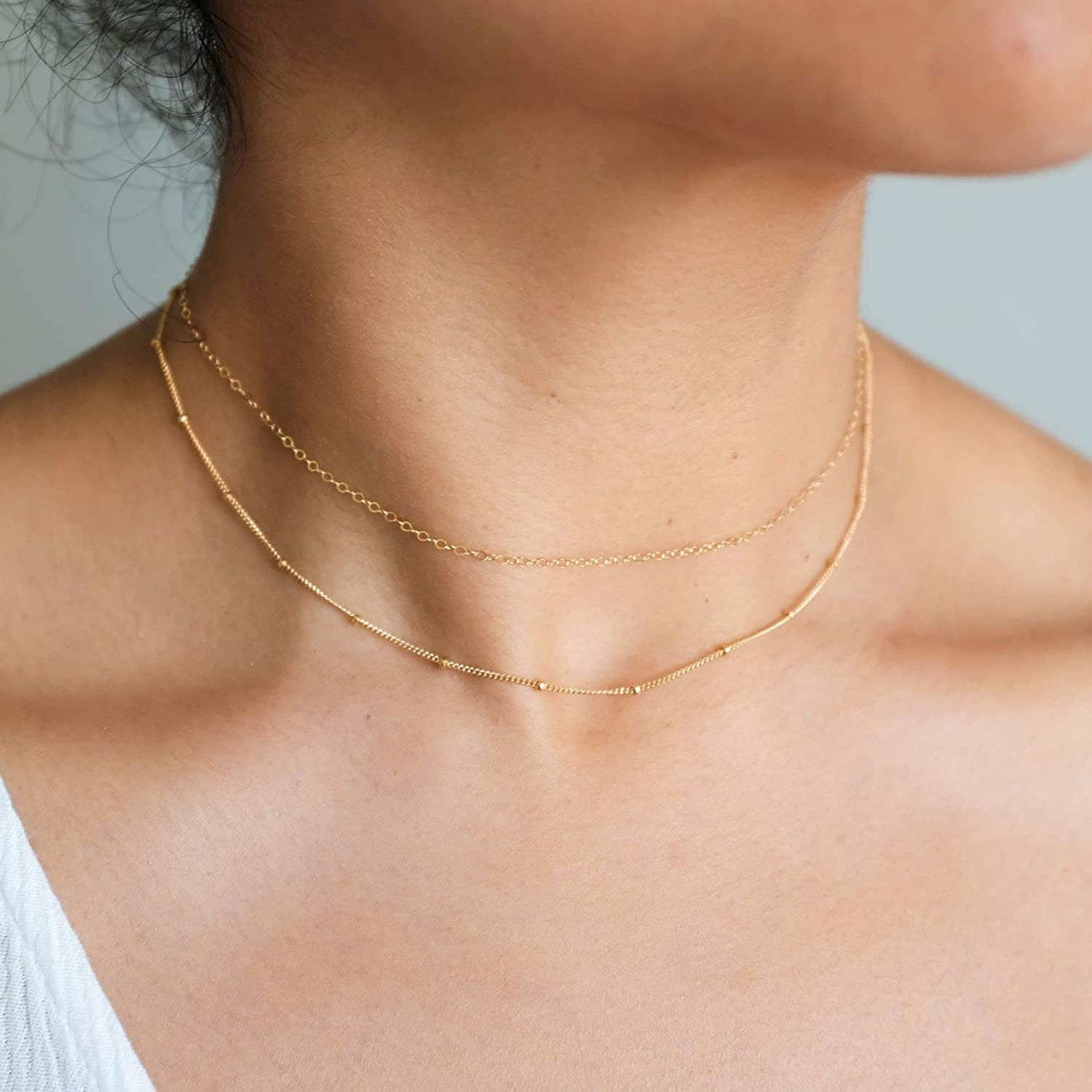 Gold Dainty Choker Necklace for Women, 14K Gold/Silver Plated Layered Satellite Bead Choker Thin Trendy Layering Discs Paperclip Necklaces Minimalist Simple Toggle Cuban Chain Jewelry Gift