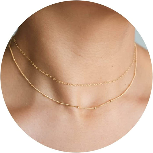 Gold Dainty Choker Necklace for Women, 14K Gold/Silver Plated Layered Satellite Bead Choker Thin Trendy Layering Discs Paperclip Necklaces Minimalist Simple Toggle Cuban Chain Jewelry Gift Layeredbead gold