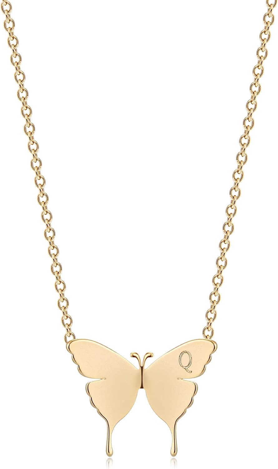 Gold Dainty Initial Necklace 18K Gold Plated Butterfly Pendant Name Necklaces Delicate Everyday Necklace for Women Minimalist Personalized Jewelry Christmas Gift Q