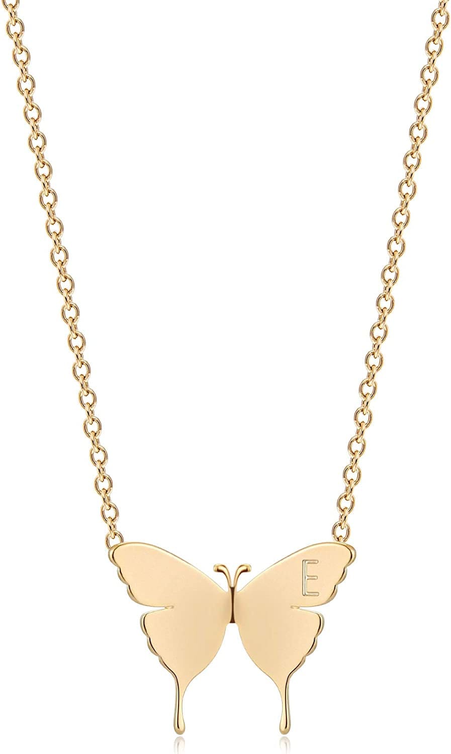 Gold Dainty Initial Necklace 18K Gold Plated Butterfly Pendant Name Necklaces Delicate Everyday Necklace for Women Minimalist Personalized Jewelry Christmas Gift E