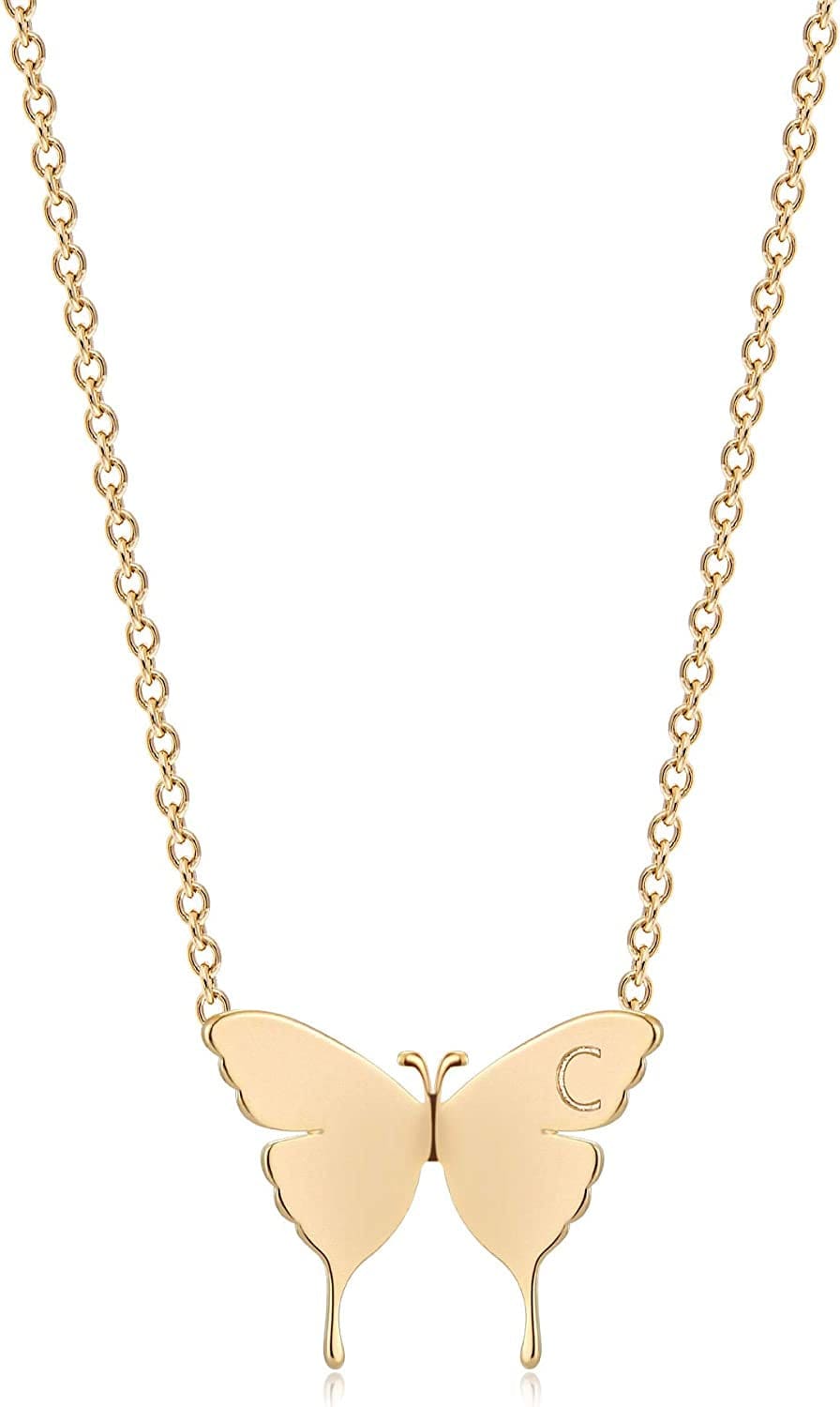 Gold Dainty Initial Necklace 18K Gold Plated Butterfly Pendant Name Necklaces Delicate Everyday Necklace for Women Minimalist Personalized Jewelry Christmas Gift C
