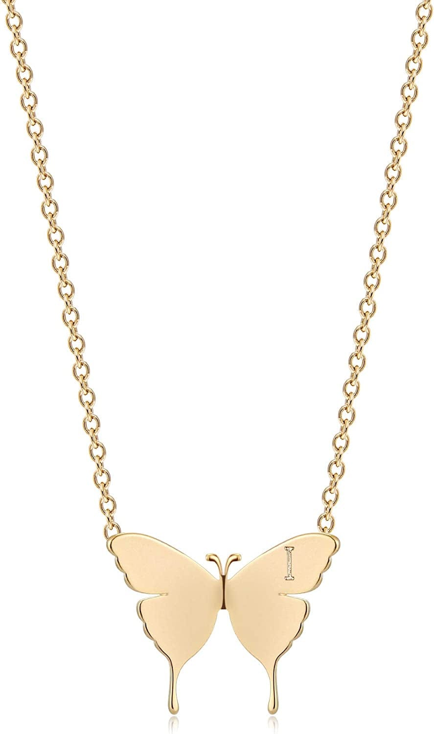 Gold Dainty Initial Necklace 18K Gold Plated Butterfly Pendant Name Necklaces Delicate Everyday Necklace for Women Minimalist Personalized Jewelry Christmas Gift I