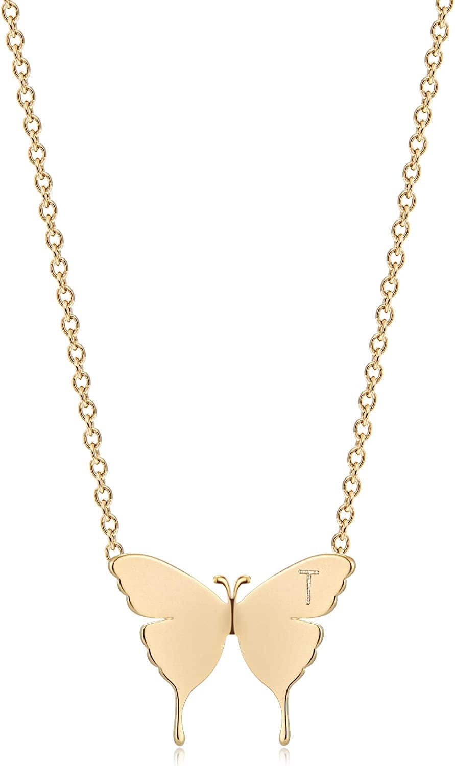 Gold Dainty Initial Necklace 18K Gold Plated Butterfly Pendant Name Necklaces Delicate Everyday Necklace for Women Minimalist Personalized Jewelry Christmas Gift T