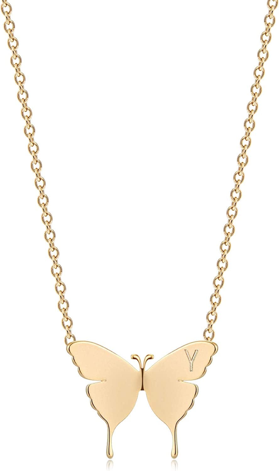 Gold Dainty Initial Necklace 18K Gold Plated Butterfly Pendant Name Necklaces Delicate Everyday Necklace for Women Minimalist Personalized Jewelry Christmas Gift Y