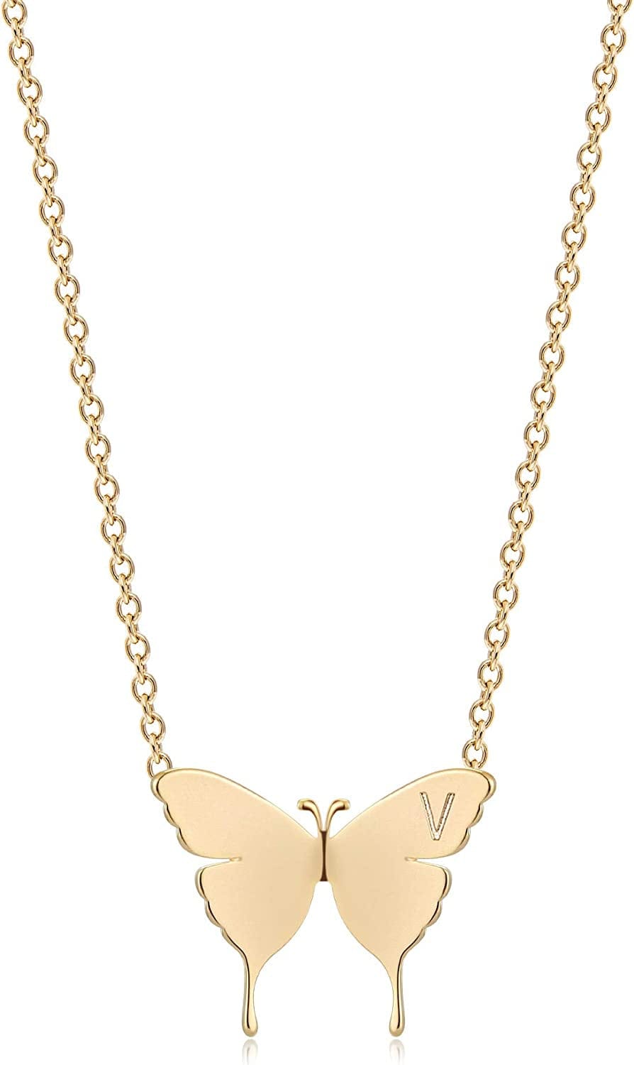 Gold Dainty Initial Necklace 18K Gold Plated Butterfly Pendant Name Necklaces Delicate Everyday Necklace for Women Minimalist Personalized Jewelry Christmas Gift V