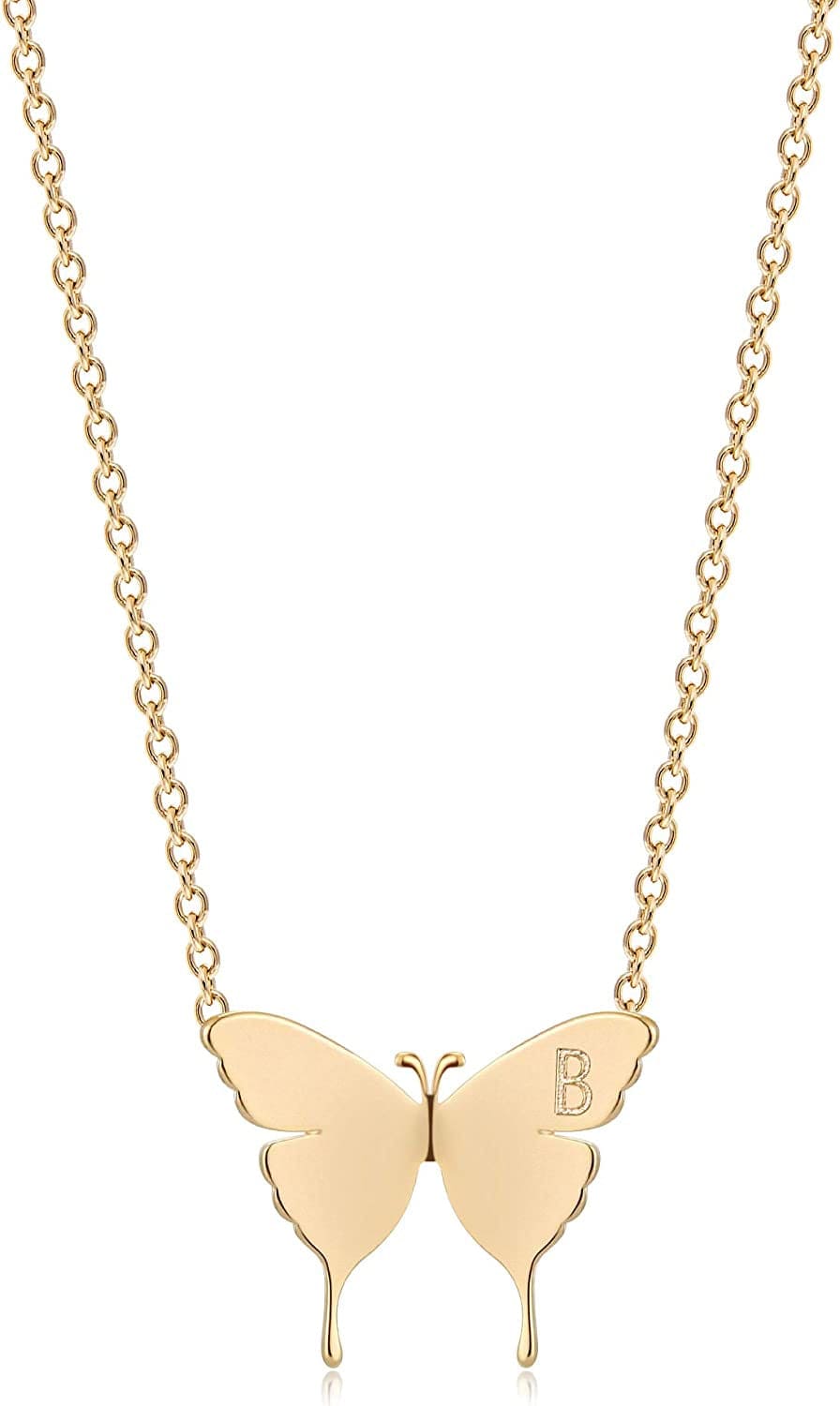 Gold Dainty Initial Necklace 18K Gold Plated Butterfly Pendant Name Necklaces Delicate Everyday Necklace for Women Minimalist Personalized Jewelry Christmas Gift B