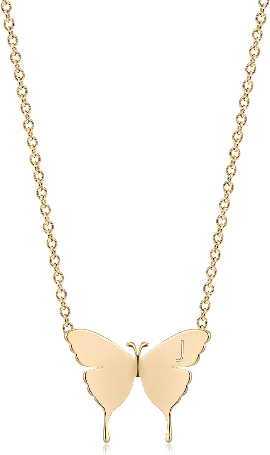 Gold Dainty Initial Necklace 18K Gold Plated Butterfly Pendant Name Necklaces Delicate Everyday Necklace for Women Minimalist Personalized Jewelry Christmas Gift J