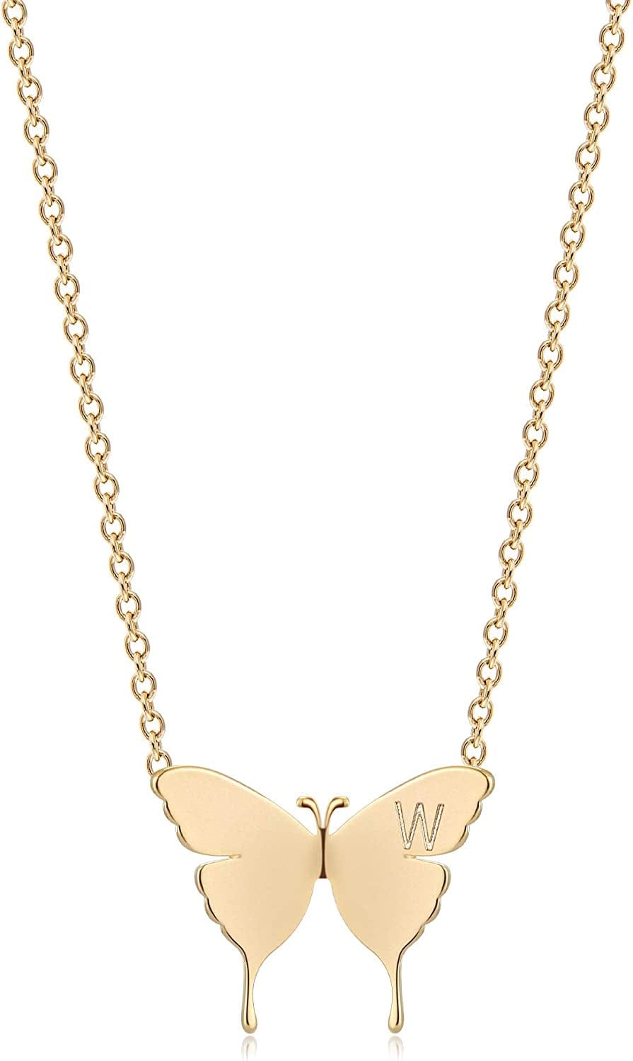 Gold Dainty Initial Necklace 18K Gold Plated Butterfly Pendant Name Necklaces Delicate Everyday Necklace for Women Minimalist Personalized Jewelry Christmas Gift W