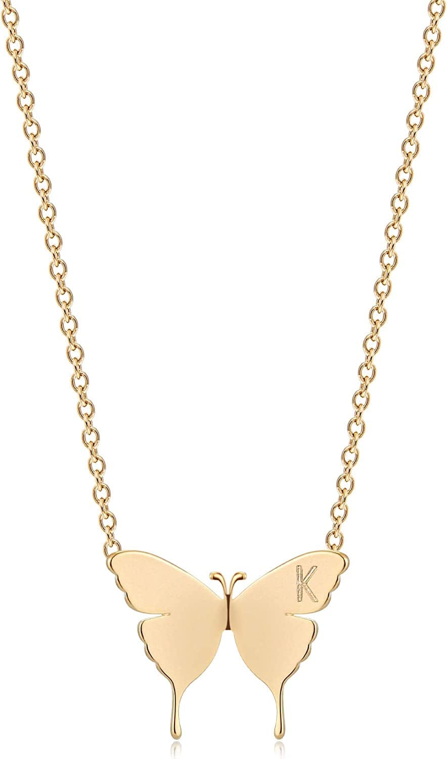 Gold Dainty Initial Necklace 18K Gold Plated Butterfly Pendant Name Necklaces Delicate Everyday Necklace for Women Minimalist Personalized Jewelry Christmas Gift K