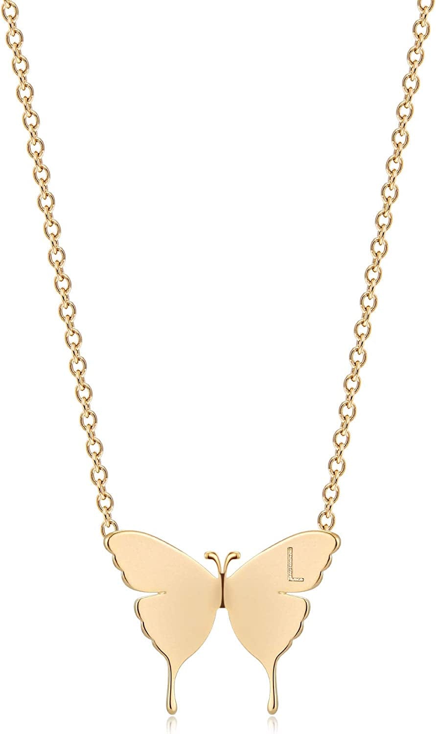 Gold Dainty Initial Necklace 18K Gold Plated Butterfly Pendant Name Necklaces Delicate Everyday Necklace for Women Minimalist Personalized Jewelry Christmas Gift L