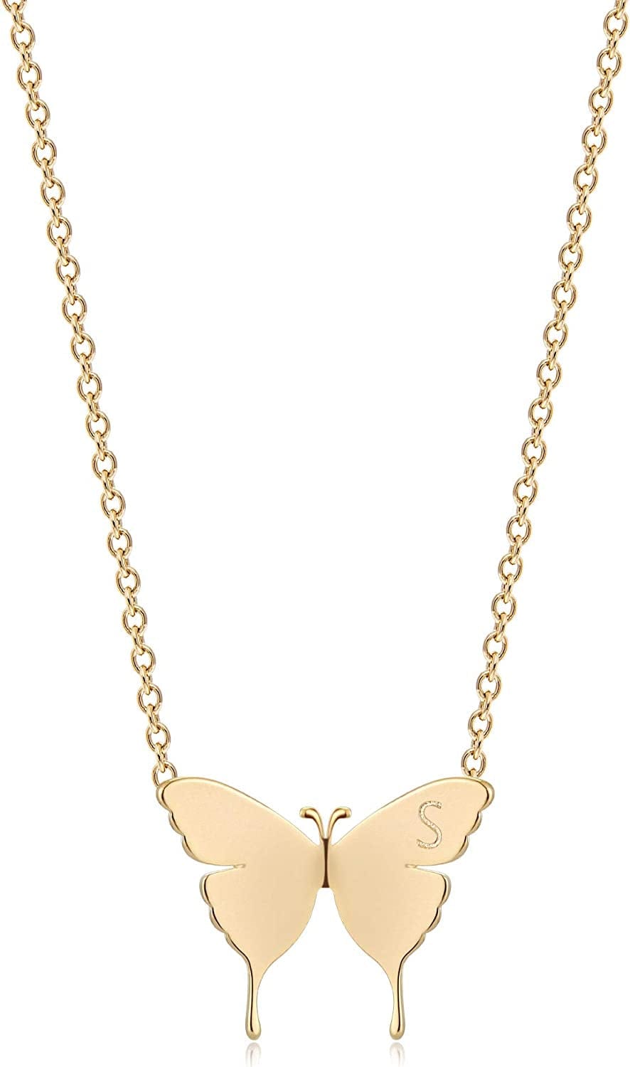 Gold Dainty Initial Necklace 18K Gold Plated Butterfly Pendant Name Necklaces Delicate Everyday Necklace for Women Minimalist Personalized Jewelry Christmas Gift S