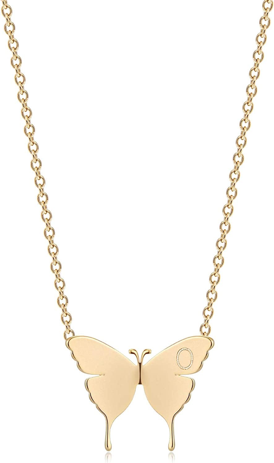 Gold Dainty Initial Necklace 18K Gold Plated Butterfly Pendant Name Necklaces Delicate Everyday Necklace for Women Minimalist Personalized Jewelry Christmas Gift O