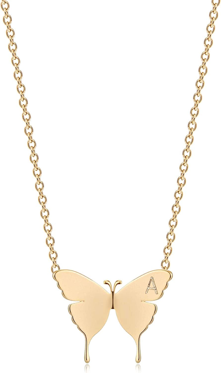 Gold Dainty Initial Necklace 18K Gold Plated Butterfly Pendant Name Necklaces Delicate Everyday Necklace for Women Minimalist Personalized Jewelry Christmas Gift A