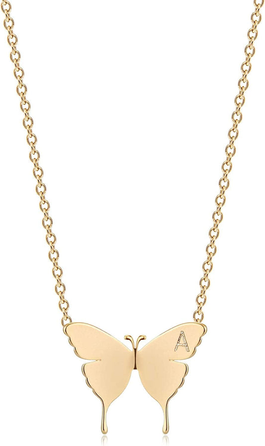 Gold Dainty Initial Necklace 18K Gold Plated Butterfly Pendant Name Necklaces Delicate Everyday Necklace for Women Minimalist Personalized Jewelry Christmas Gift A