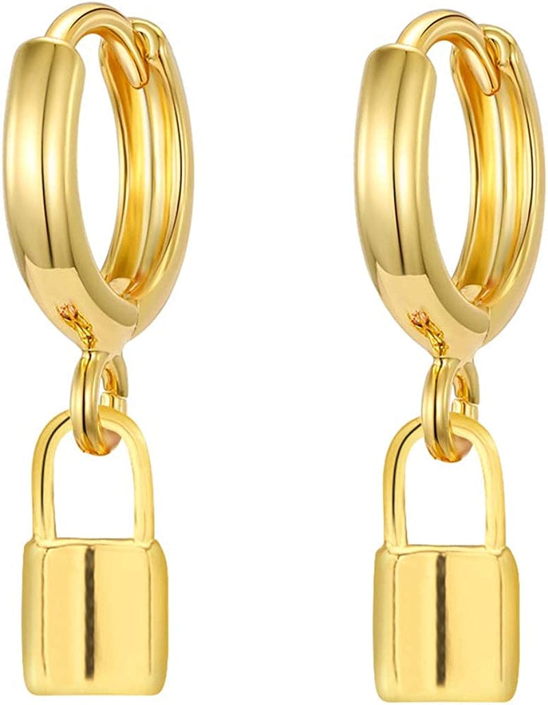 Gold Huggie Small Hoop Earrings with Charm Personalized Snake/Evil Eye/Star/Cross/Lock/Key 18K Gold Plated Crystal Drop Dangle Earrings for Women Lock