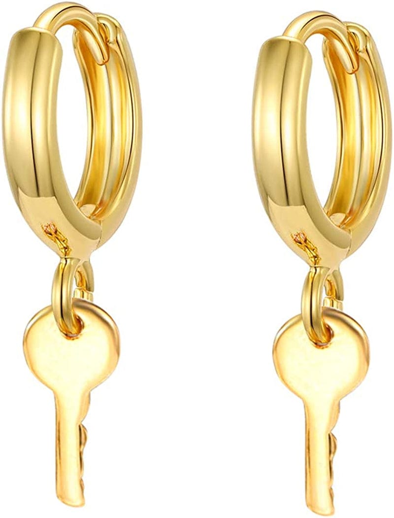 Gold Huggie Small Hoop Earrings with Charm Personalized Snake/Evil Eye/Star/Cross/Lock/Key 18K Gold Plated Crystal Drop Dangle Earrings for Women Key