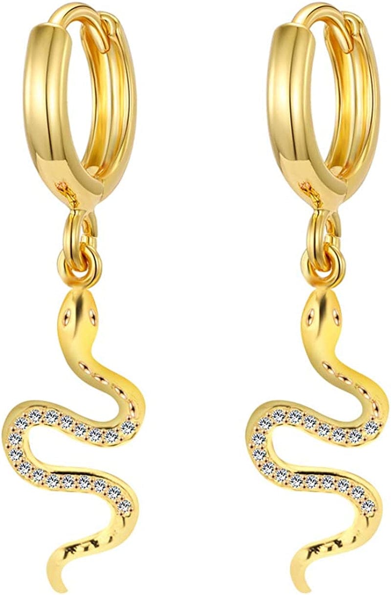 Gold Huggie Small Hoop Earrings with Charm Personalized Snake/Evil Eye/Star/Cross/Lock/Key 18K Gold Plated Crystal Drop Dangle Earrings for Women Snake