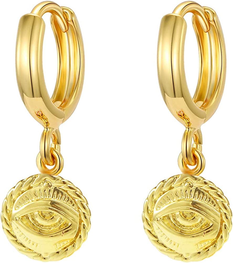 Gold Huggie Small Hoop Earrings with Charm Personalized Snake/Evil Eye/Star/Cross/Lock/Key 18K Gold Plated Crystal Drop Dangle Earrings for Women Evil Eye