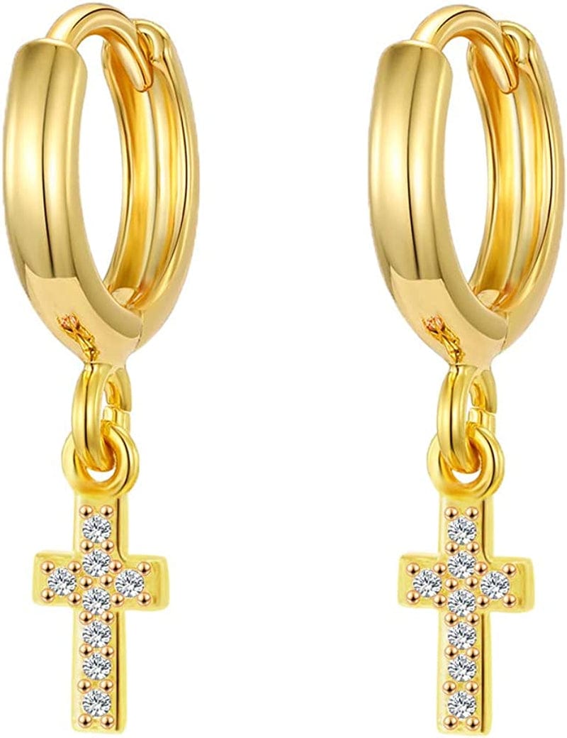 Gold Huggie Small Hoop Earrings with Charm Personalized Snake/Evil Eye/Star/Cross/Lock/Key 18K Gold Plated Crystal Drop Dangle Earrings for Women Cross