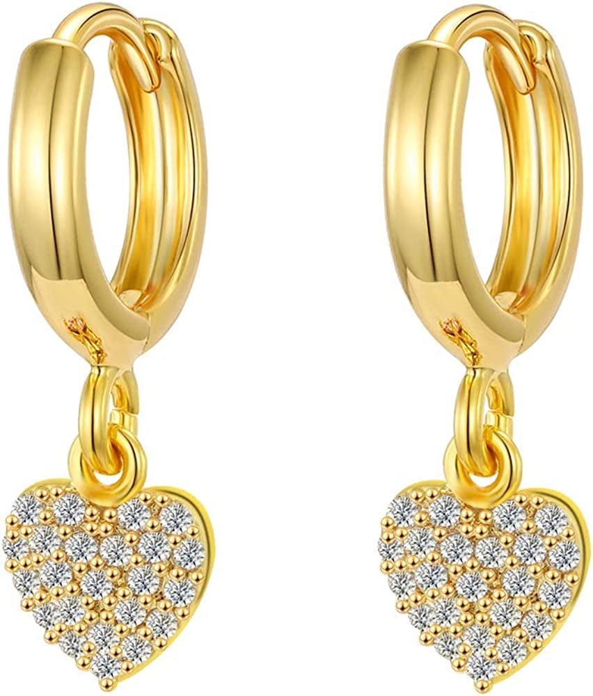 Gold Huggie Small Hoop Earrings with Charm Personalized Snake/Evil Eye/Star/Cross/Lock/Key 18K Gold Plated Crystal Drop Dangle Earrings for Women Heart