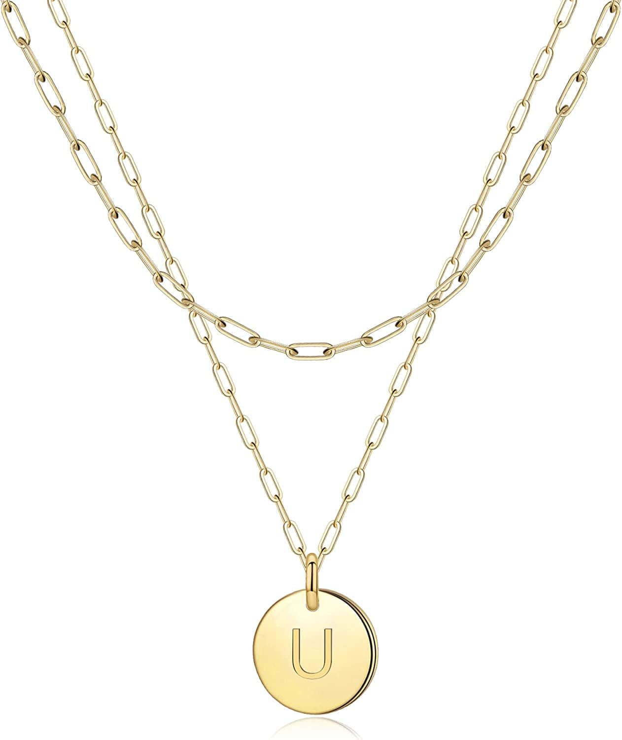 Gold Initial Necklaces for Women,14K Real Gold Filled Paperclip Link Chain Necklace Gold Coin Necklaces for Women Initial Necklace Layered Initial Necklaces for Women Teen Girl Jewelry U