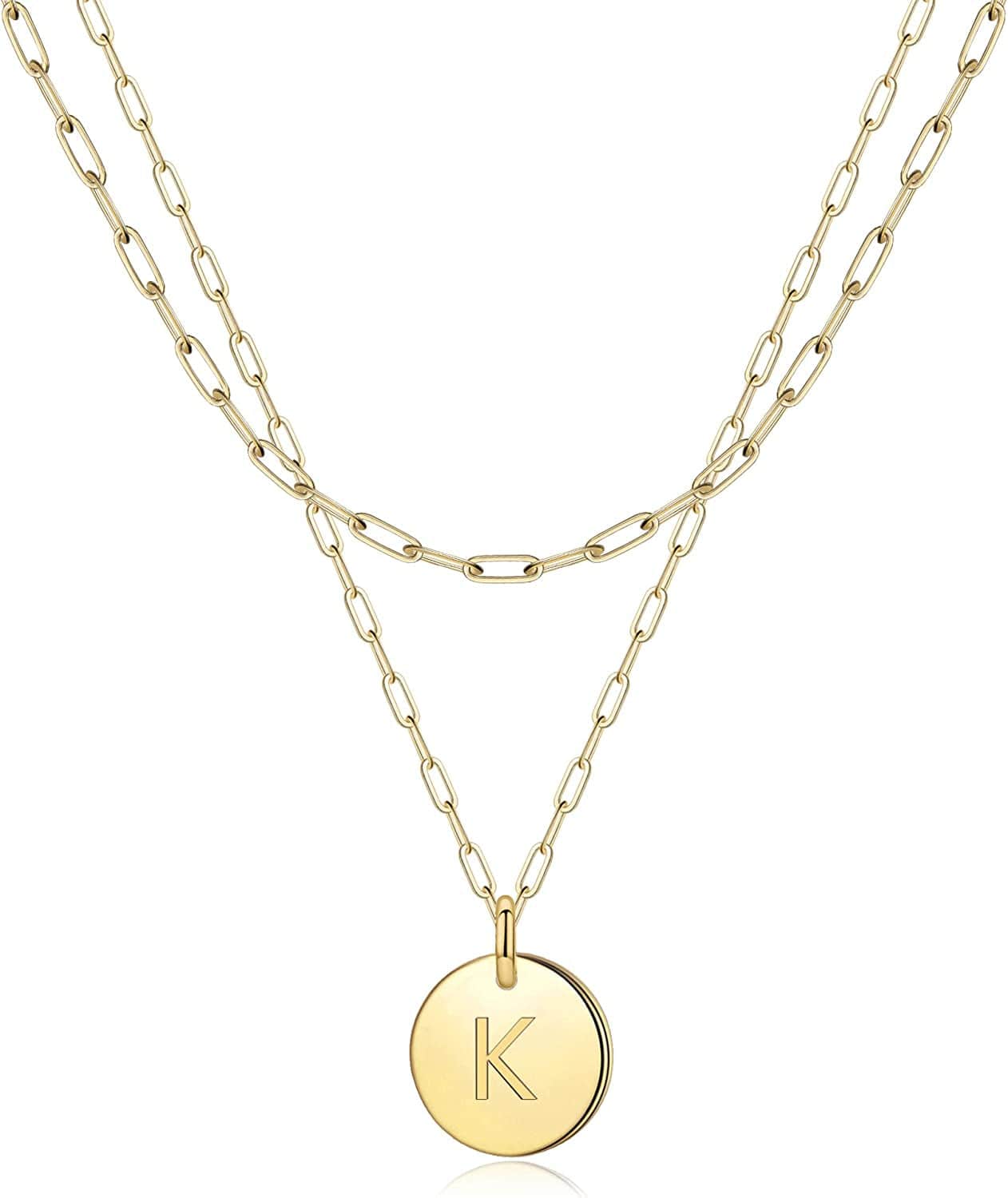 Gold Initial Necklaces for Women,14K Real Gold Filled Paperclip Link Chain Necklace Gold Coin Necklaces for Women Initial Necklace Layered Initial Necklaces for Women Teen Girl Jewelry K