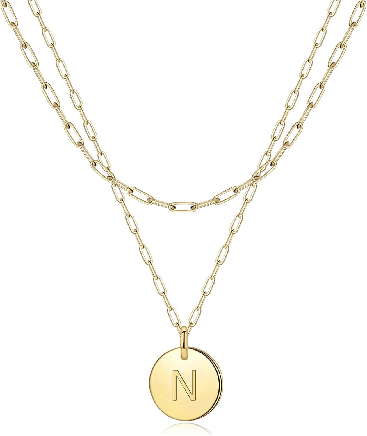 Gold Initial Necklaces for Women,14K Real Gold Filled Paperclip Link Chain Necklace Gold Coin Necklaces for Women Initial Necklace Layered Initial Necklaces for Women Teen Girl Jewelry N