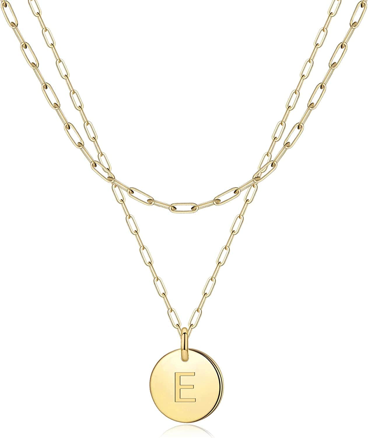 Gold Initial Necklaces for Women,14K Real Gold Filled Paperclip Link Chain Necklace Gold Coin Necklaces for Women Initial Necklace Layered Initial Necklaces for Women Teen Girl Jewelry E