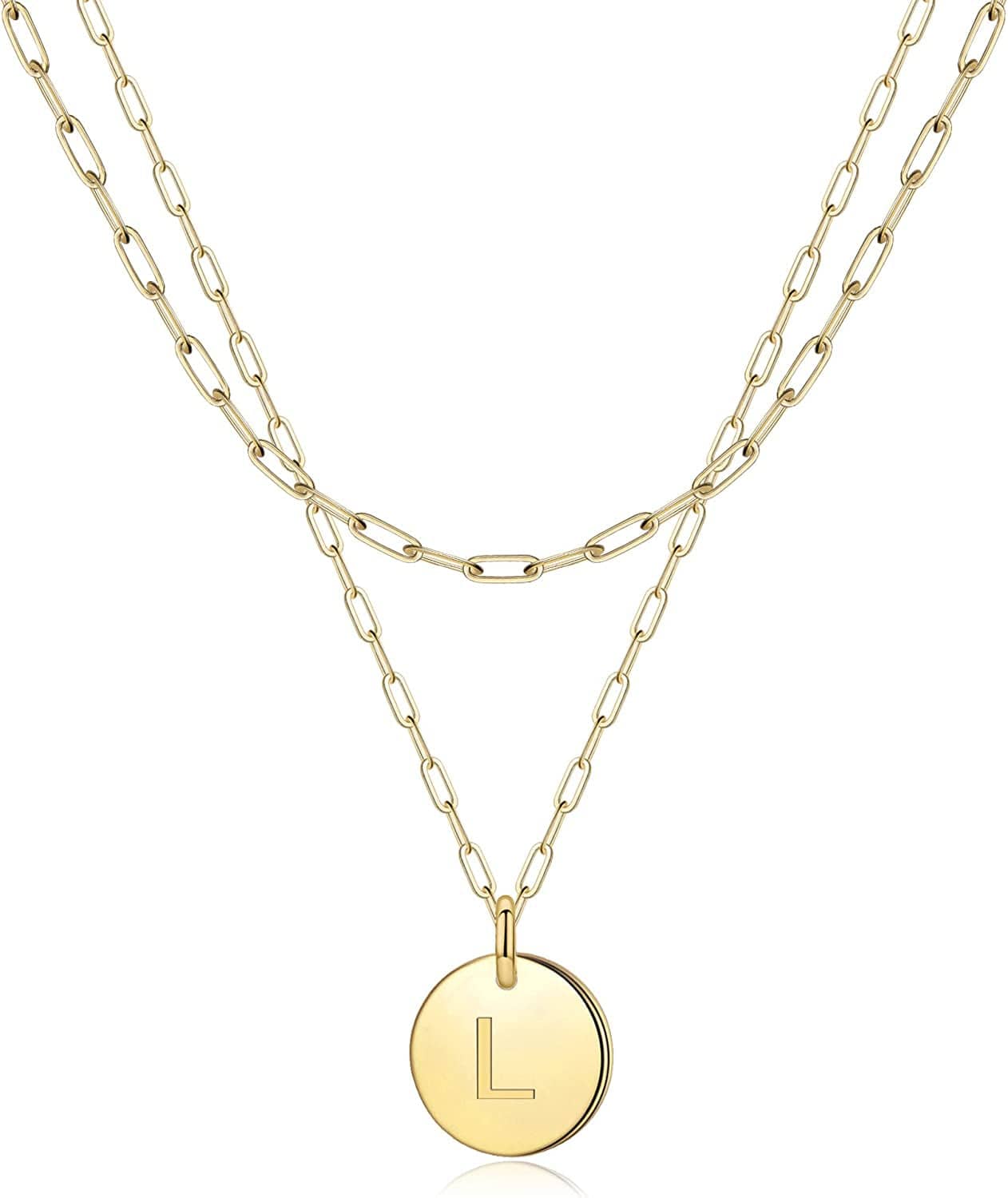 Gold Initial Necklaces for Women,14K Real Gold Filled Paperclip Link Chain Necklace Gold Coin Necklaces for Women Initial Necklace Layered Initial Necklaces for Women Teen Girl Jewelry L