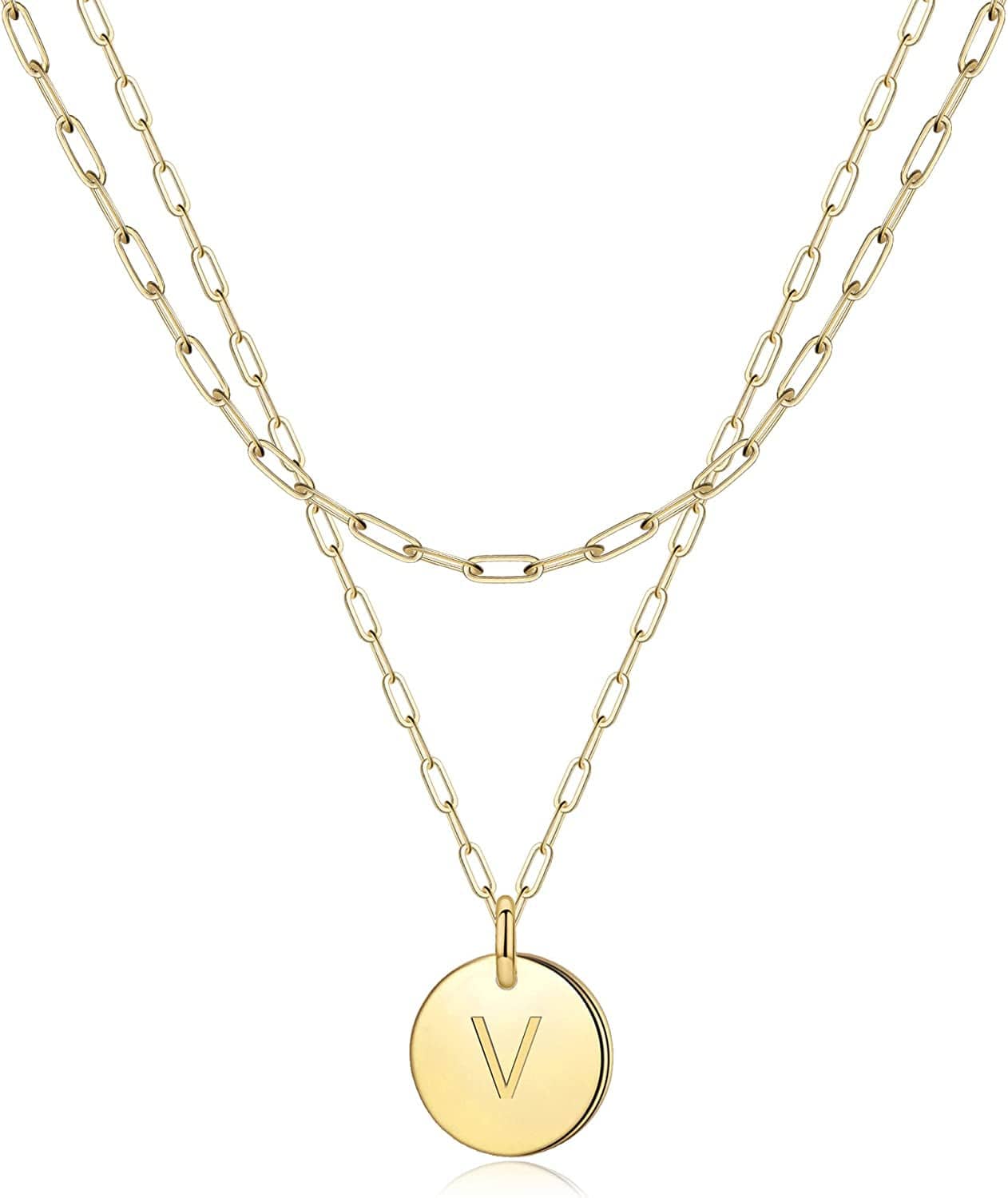 Gold Initial Necklaces for Women,14K Real Gold Filled Paperclip Link Chain Necklace Gold Coin Necklaces for Women Initial Necklace Layered Initial Necklaces for Women Teen Girl Jewelry V