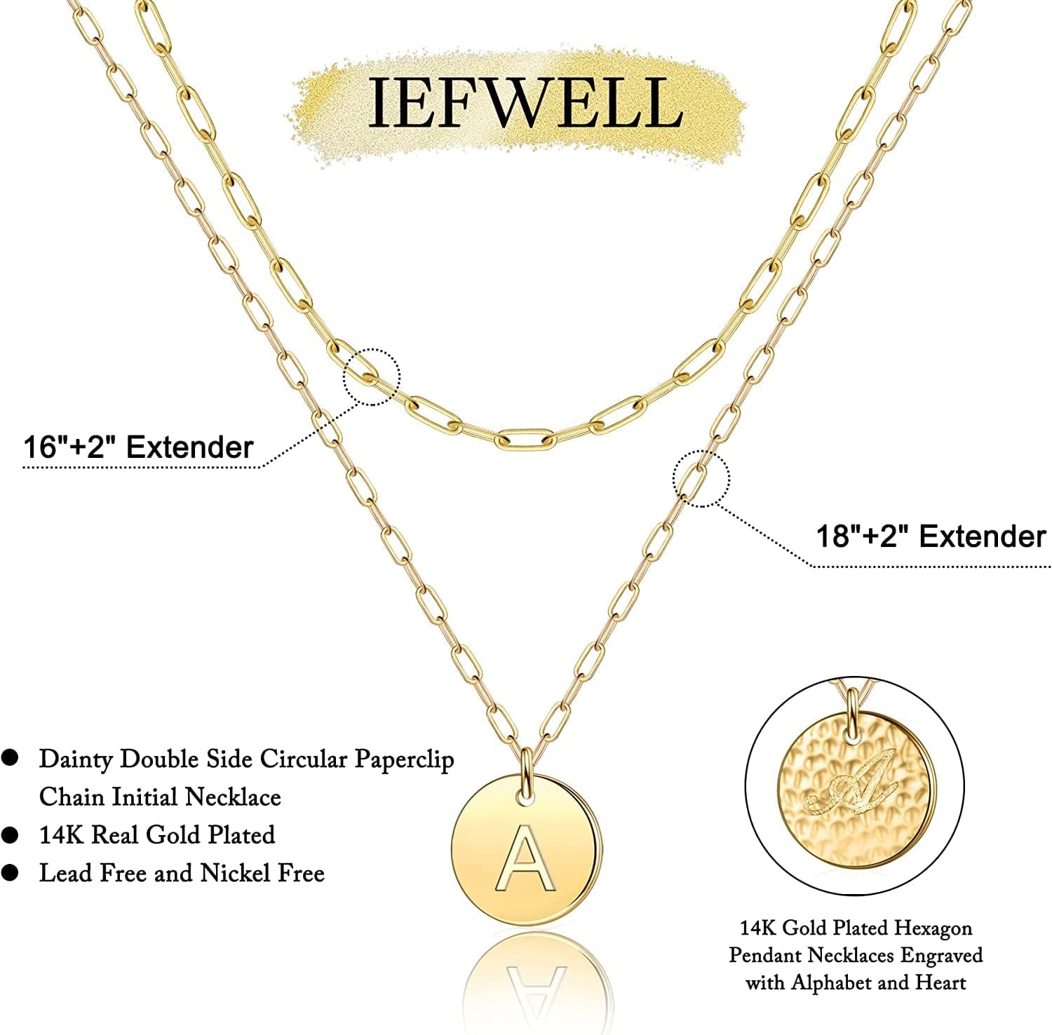 Gold Initial Necklaces for Women,14K Real Gold Filled Paperclip Link Chain Necklace Gold Coin Necklaces for Women Initial Necklace Layered Initial Necklaces for Women Teen Girl Jewelry