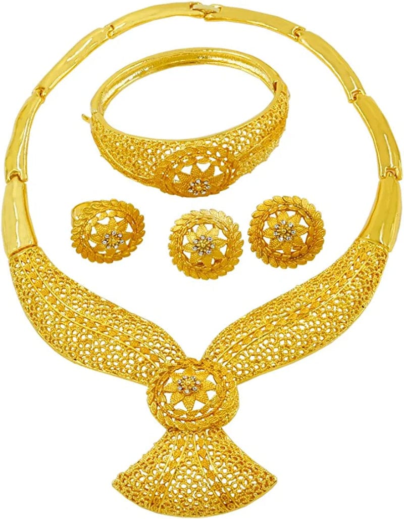 Gold Jewelry Set Dubai African Jewelry Sets for Women 24 K Hollow Golden Luxury Necklace Earrings Bracelet Ring Set for Lady Wife Mother
