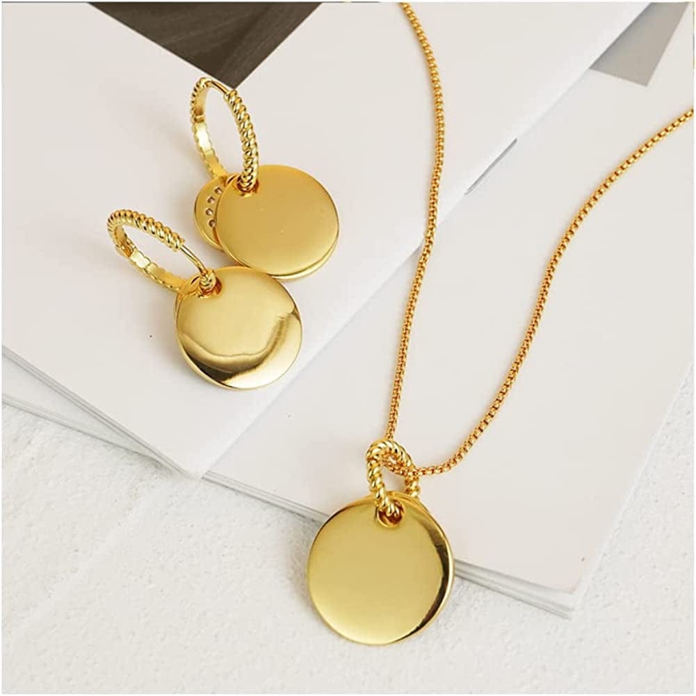 Gold Jewelry Sets for Women Girls CZ Stone Black Epoxy round Disc Pendant Necklace and Hoop Earrings Black Jewelry Set