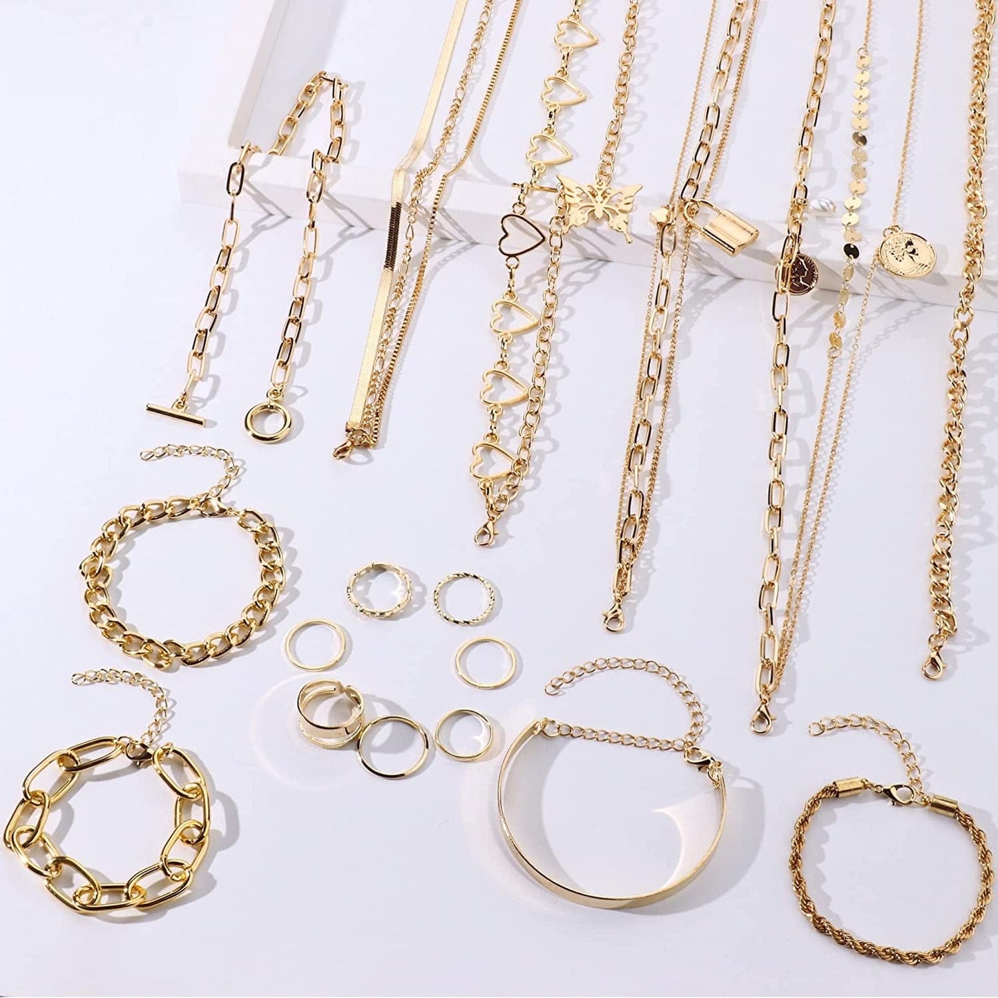 Gold Jewelry Sets for Women Gold Layered Necklaces Chunky Bracelets Knuckle Rings Set Costume Accessories Jewelry