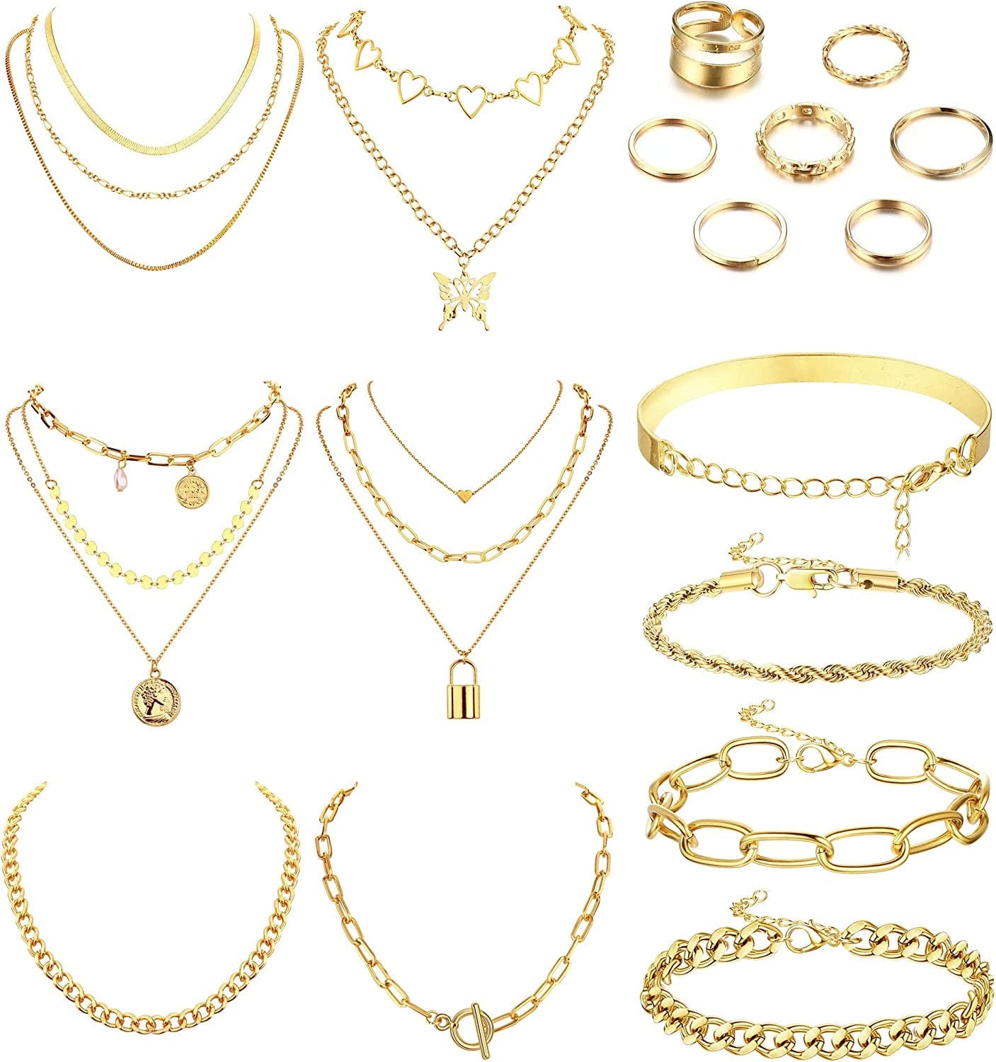 Gold Jewelry Sets for Women Gold Layered Necklaces Chunky Bracelets Knuckle Rings Set Costume Accessories Jewelry Gold Tone