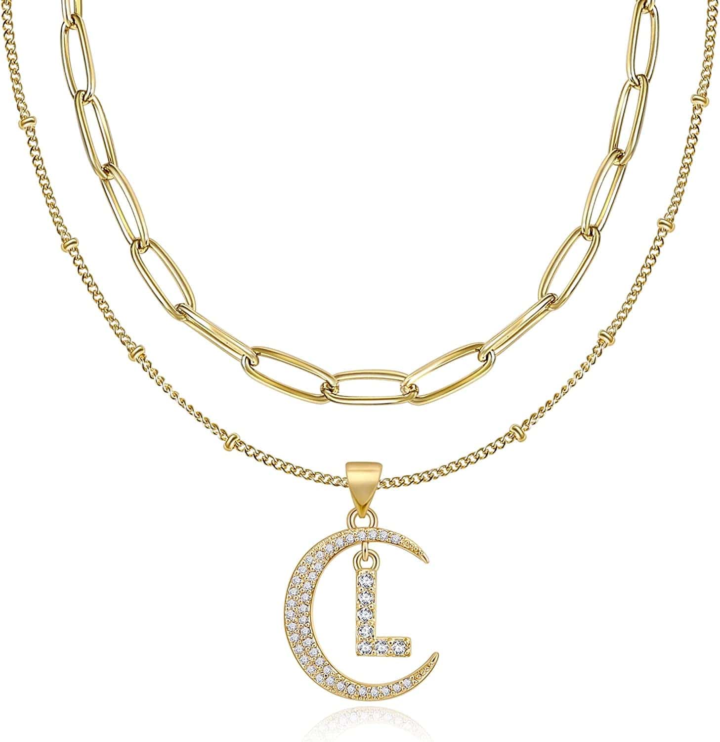Gold Moon Initial Necklace for Women Cubic Zirconia Necklace Crescent Moon Letter a to Z Pendant Necklaces 14K Gold Plated Dainty Layered Paperclip Link Chain Choker Jewelry Gift for Her L